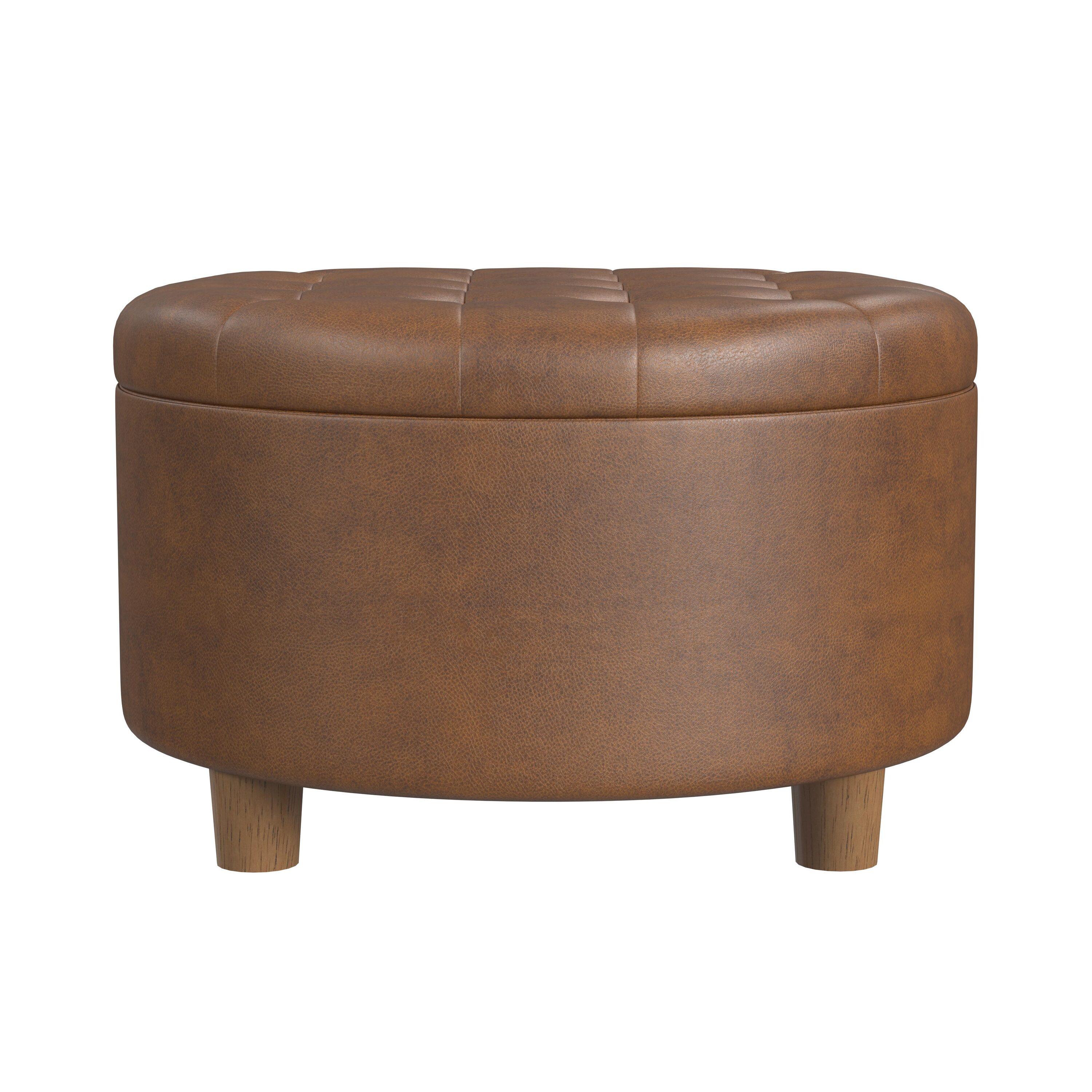 HomePop Tufted Faux Leather Round Storage Ottoman Brown: Upholstered Traditional Decor, Hardwood Frame