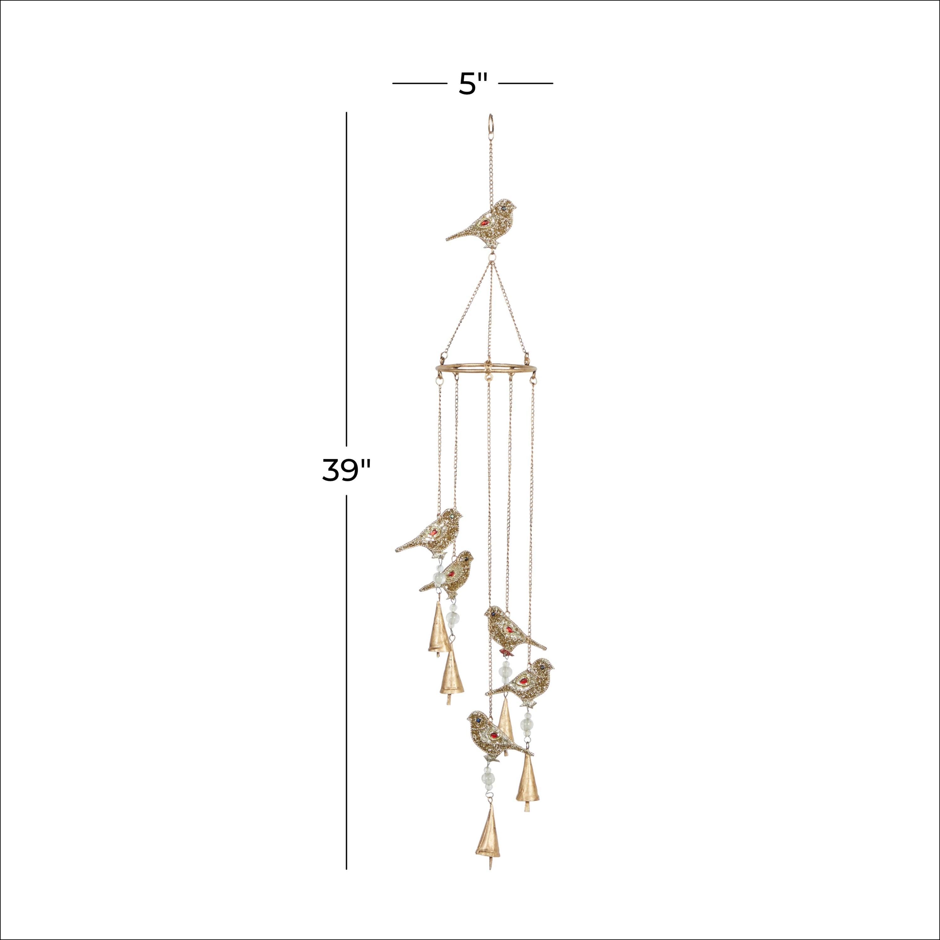 DecMode 39" Gold Metal Embellished Bird Windchime with Glass Beads and Cone Bells