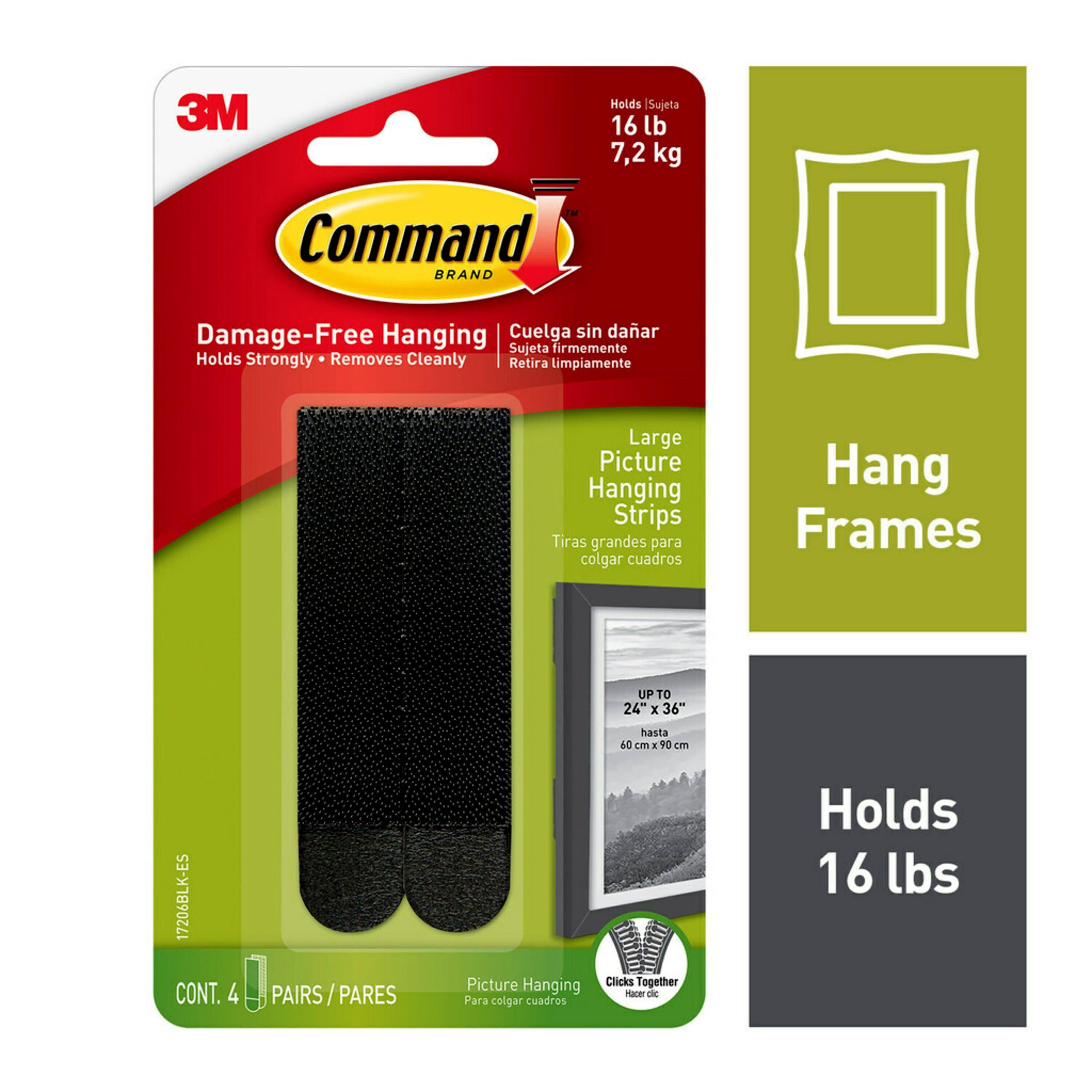 Command Large Picture Hanging Strips Black: Heavy Duty Adhesive, 3.649" Length, 0.751" Width, Plastic
