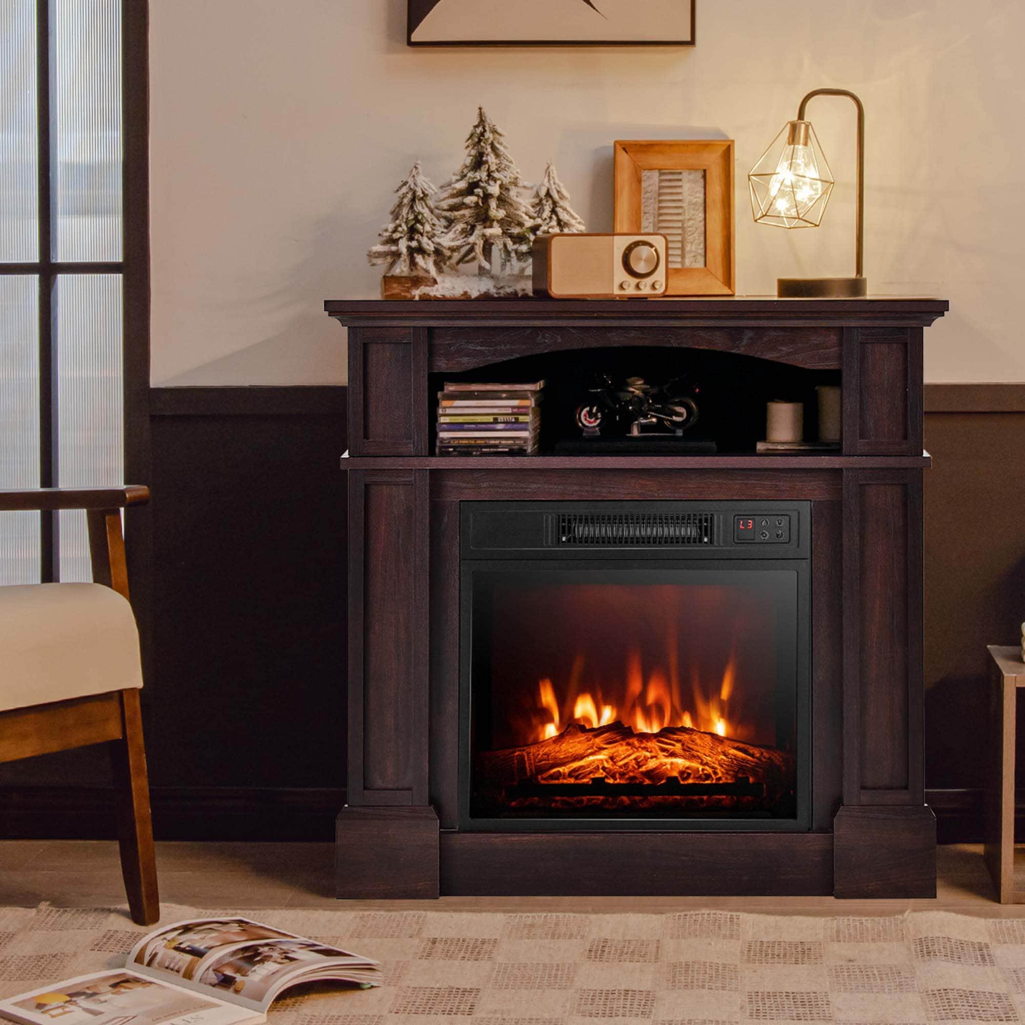 Costway 32" 1400W Electric Fireplace Mantel TV Stand Space Heater W/ Shelf Brown