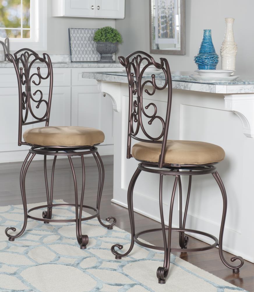 Linon Gathered Back Counter Stool, Brown, 24 inch Seat Height, Light Brown with Caramel Fabric