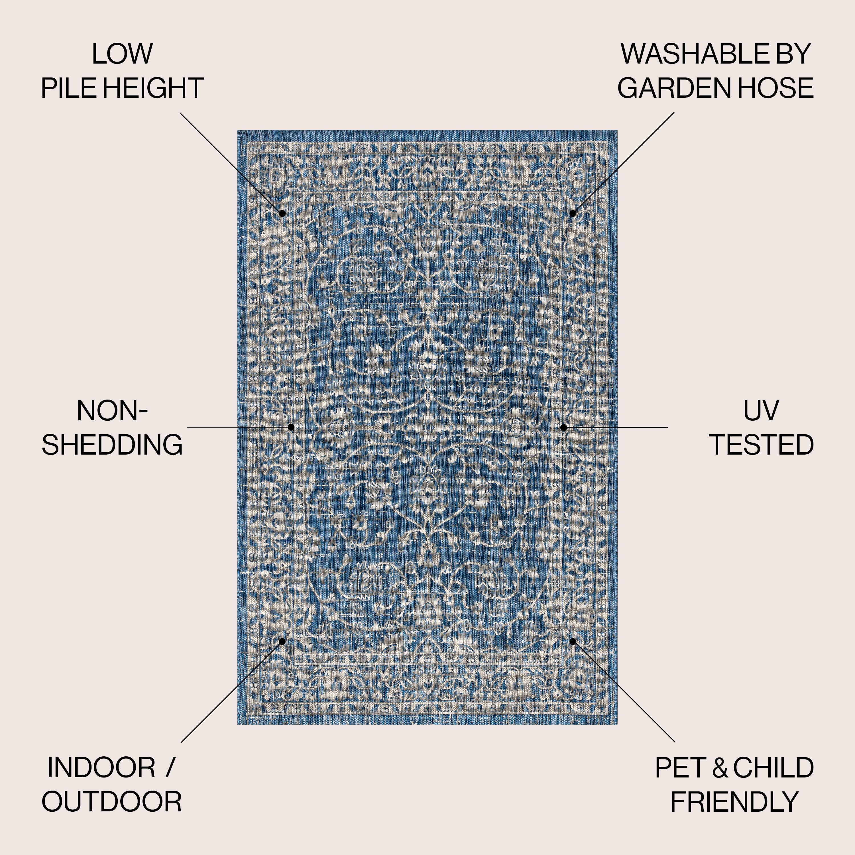 5' Round Palazzo Vine and Border Textured Weave Indoor/Outdoor Area Rug, Navy/Gray - JONATHAN Y