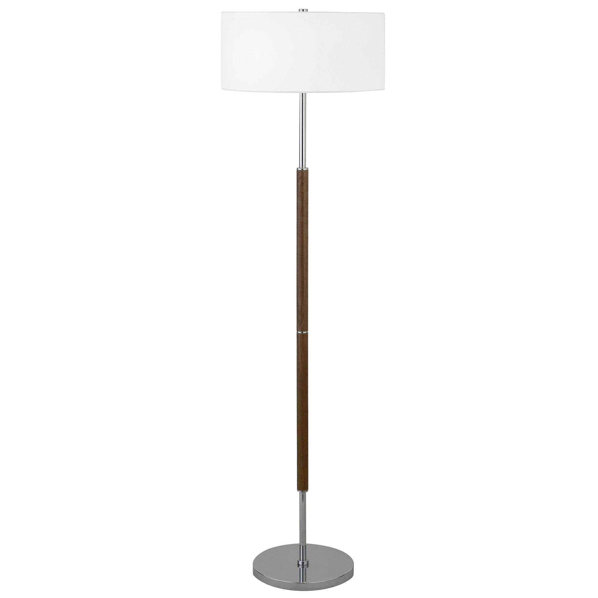 Evelyn&Zoe Simone 2-Light Floor Lamp with Fabric Shade, Rustic Oak/Polished Nickel/White