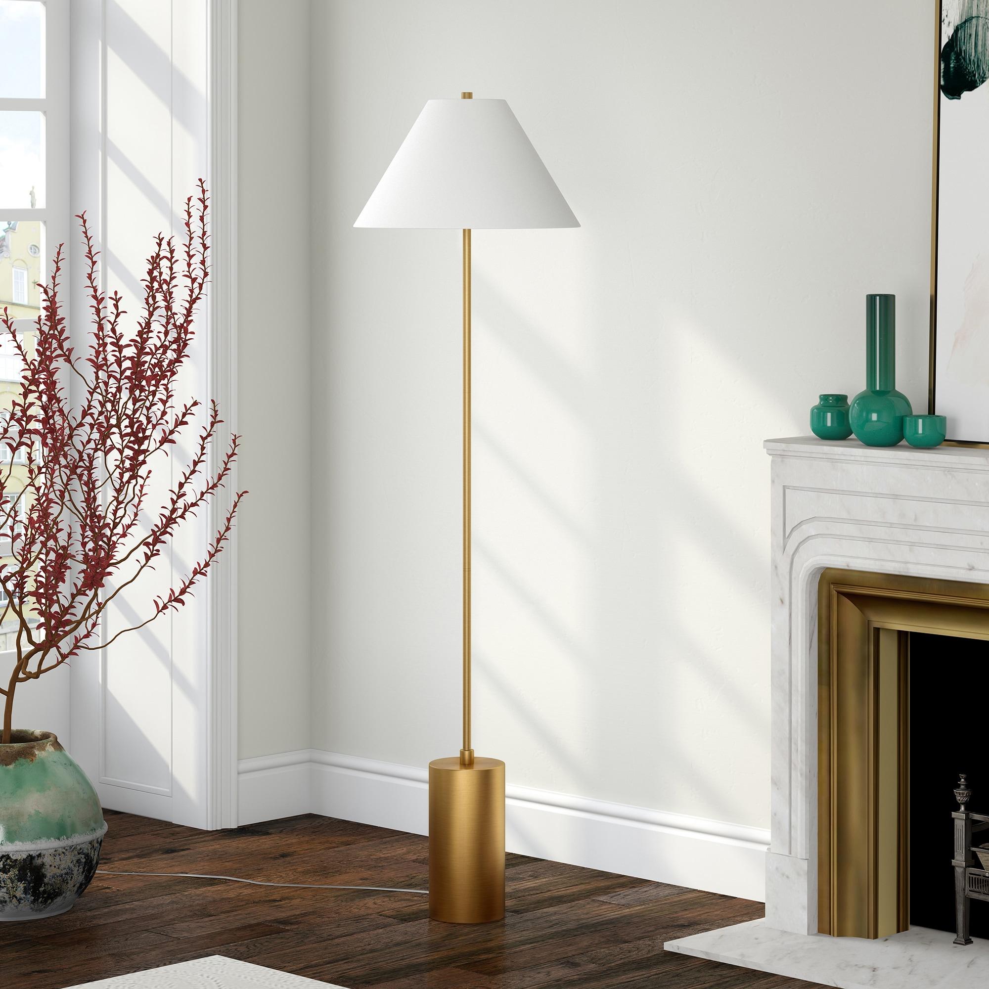 Evelyn&Zoe Somerset 64" Tall Floor Lamp with Empire Fabric Shade, Brass/White