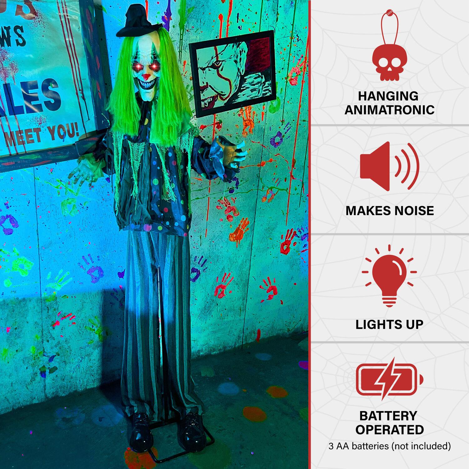 Haunted Hill Farm Lifesize Animatronic Clown with Lights and Sound, Indoor/Covered Outdoor Halloween Decoration