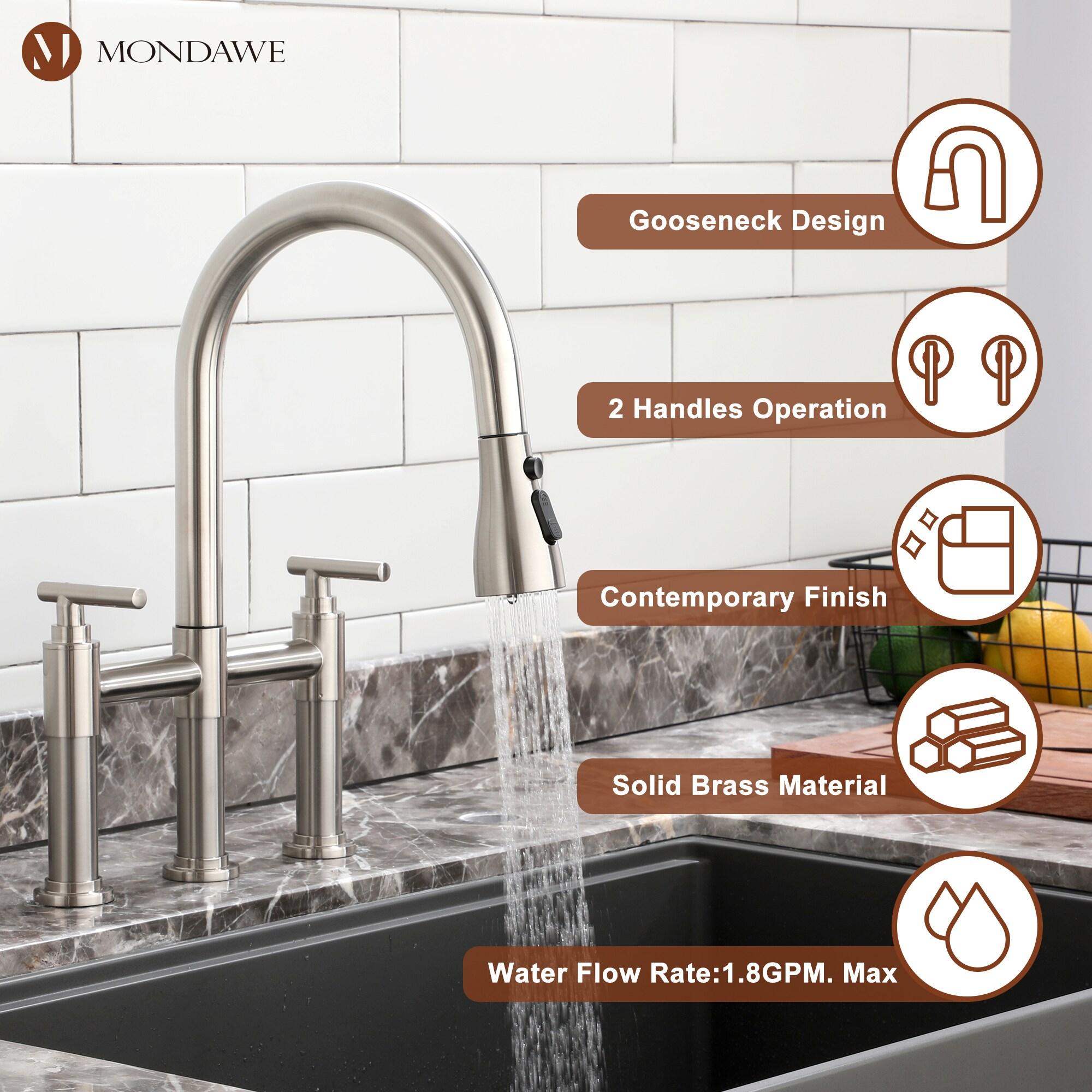 Brushed Nickel Double Handle Bridge Kitchen Faucet with Pull-Out Spray