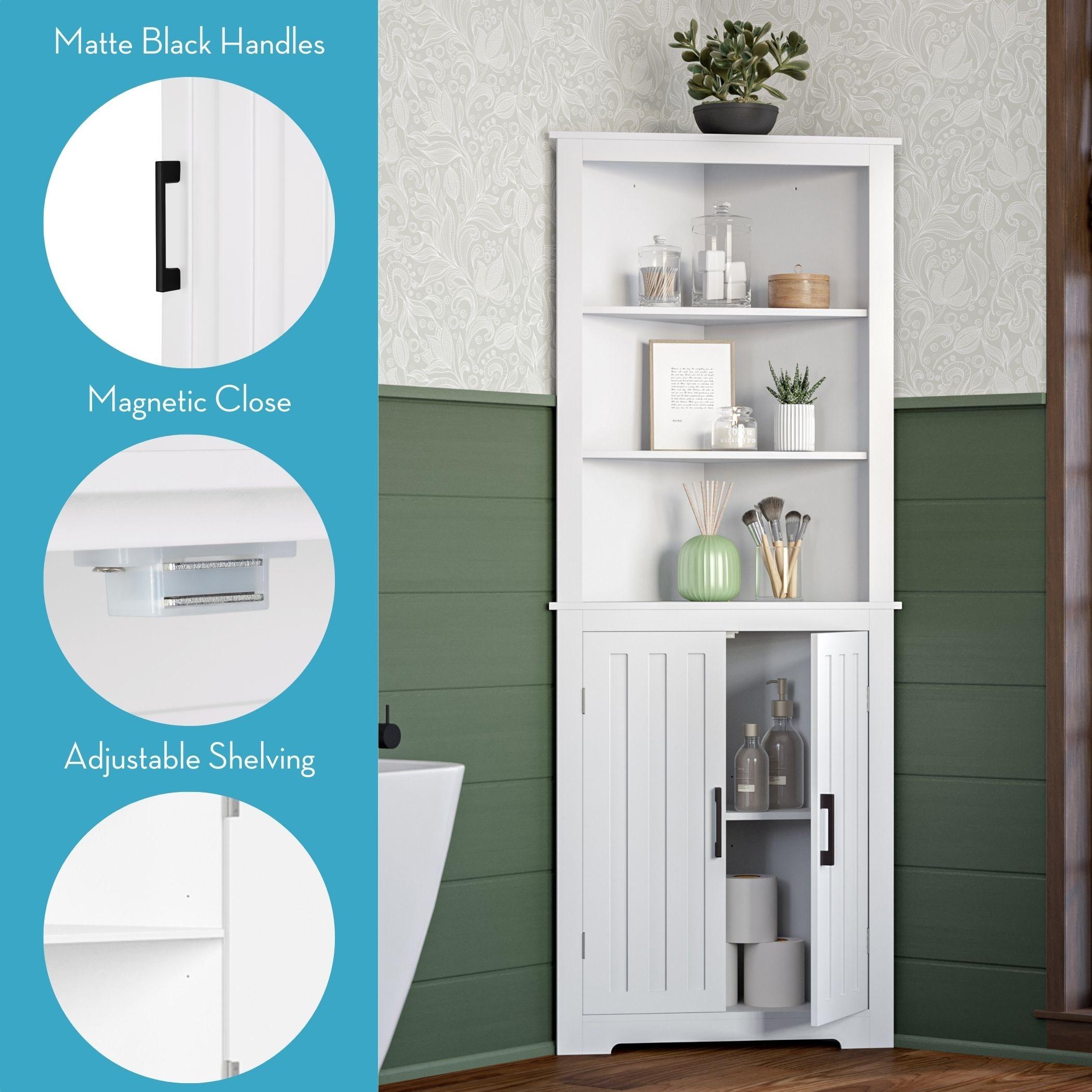 RiverRidge Home RiverRidge Monroe Tall Corner Bathroom Cabinet Storage Organizer with Doors and an Adjustable Shelf - White