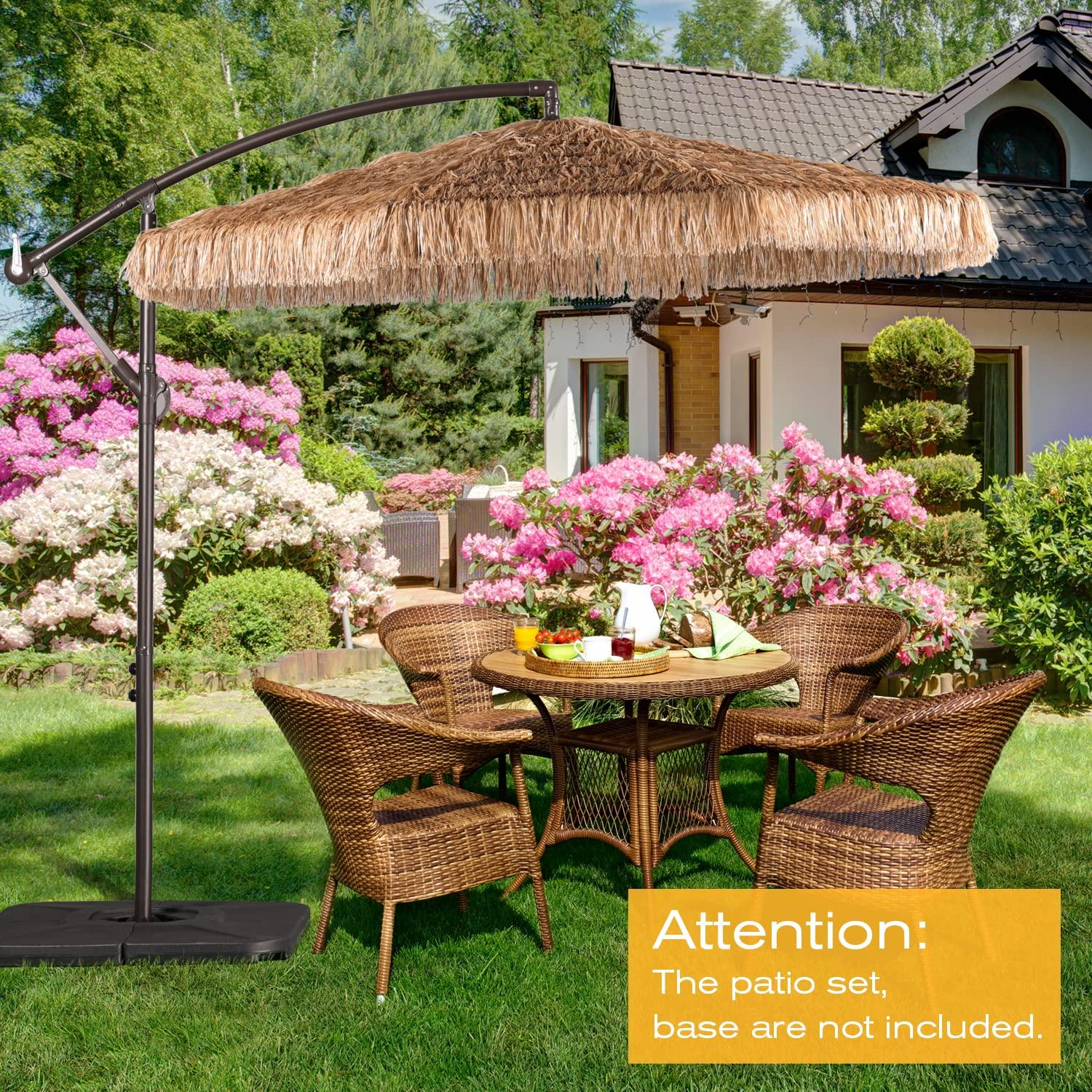 Aoodor 10FT Cantilever Tiki Thatch Patio Umbrella, Hand-Push Tilt Offset Umbrella for Outdoor, Natural Straw Look (No Base)