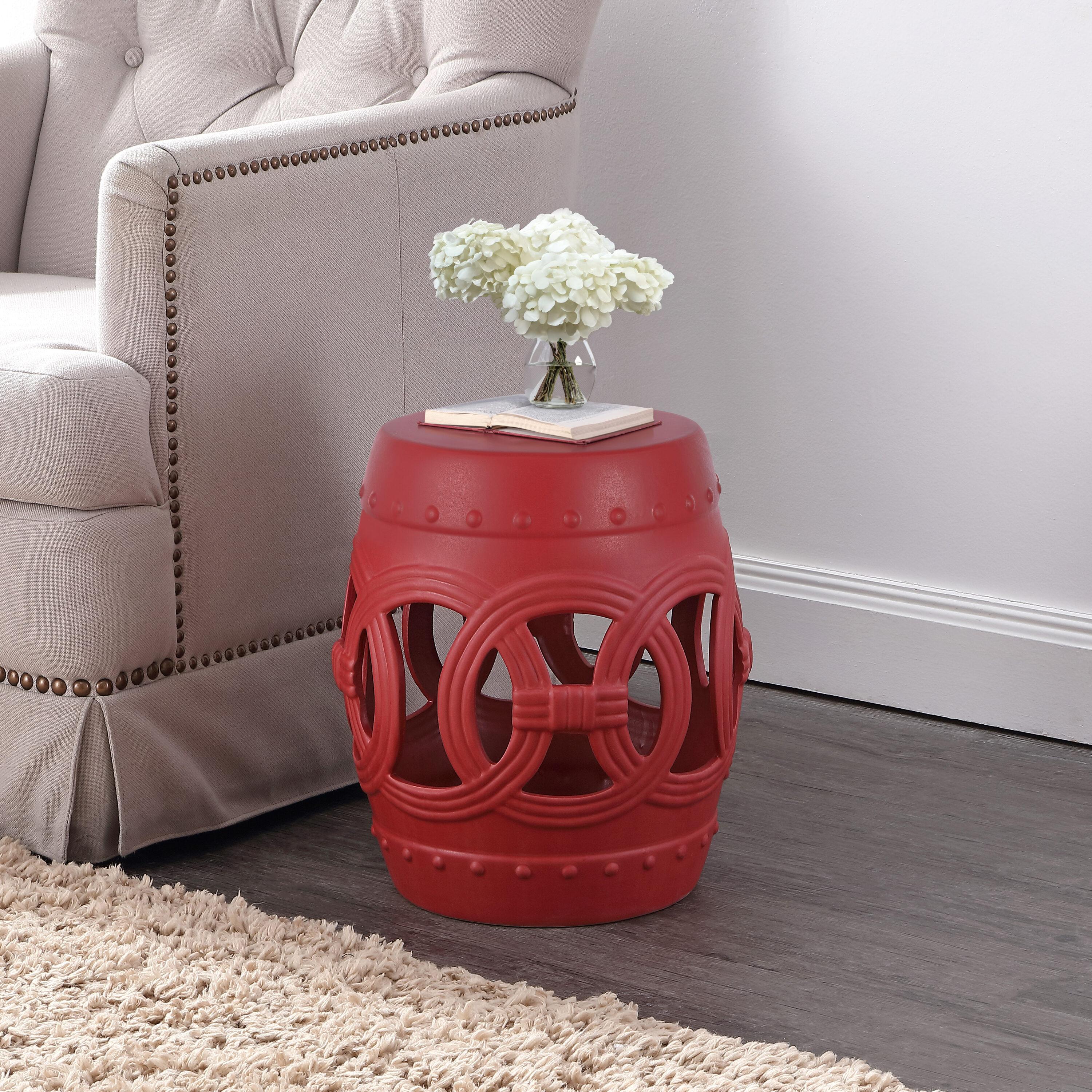 JONATHAN Y Lucky Coins 16" Chinese Ceramic Drum Garden Stool, Matte Red