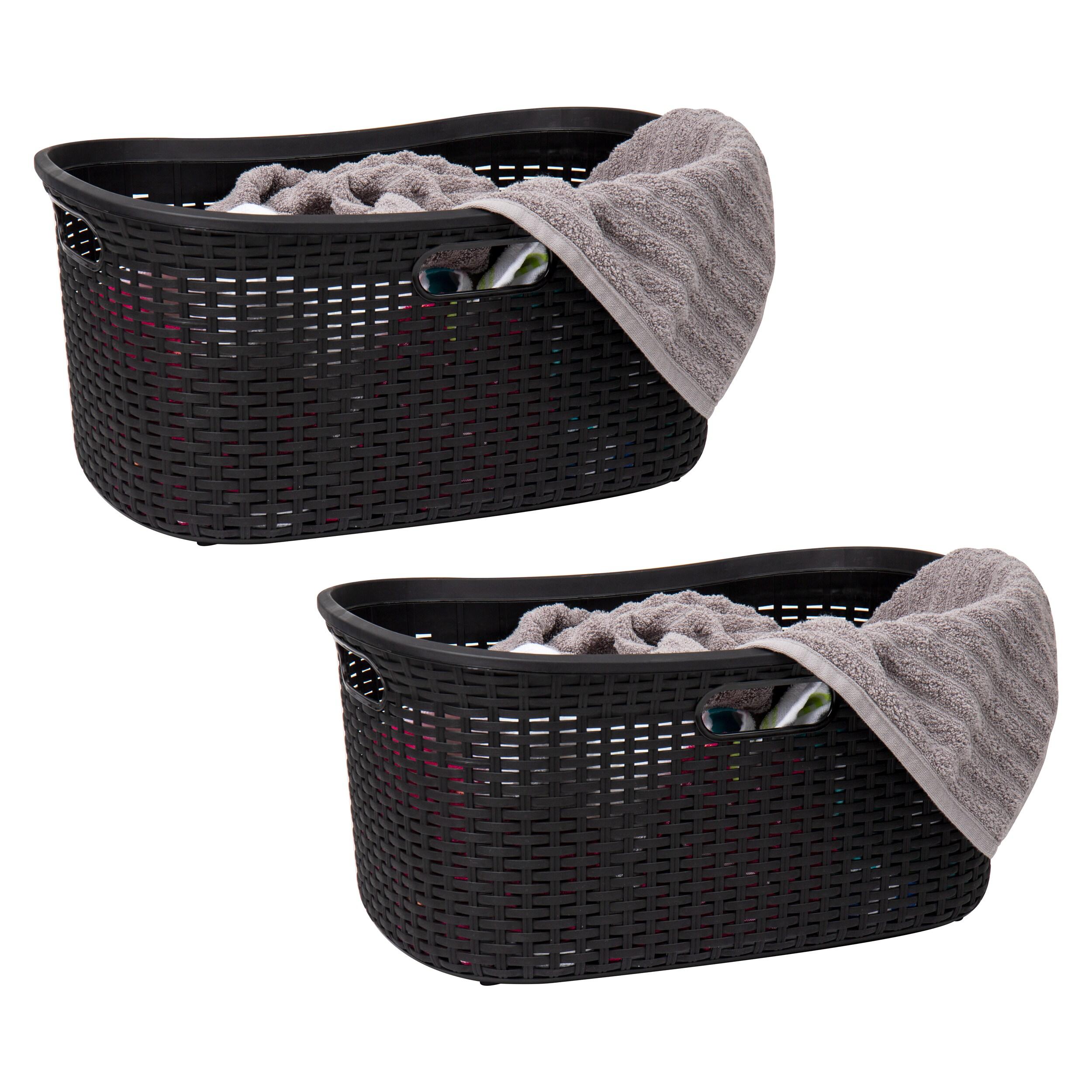Mind Reader 40L Laundry Basket, Clothes Hamper, Lid, Wicker Design, Plastic, Set of 2, Black
