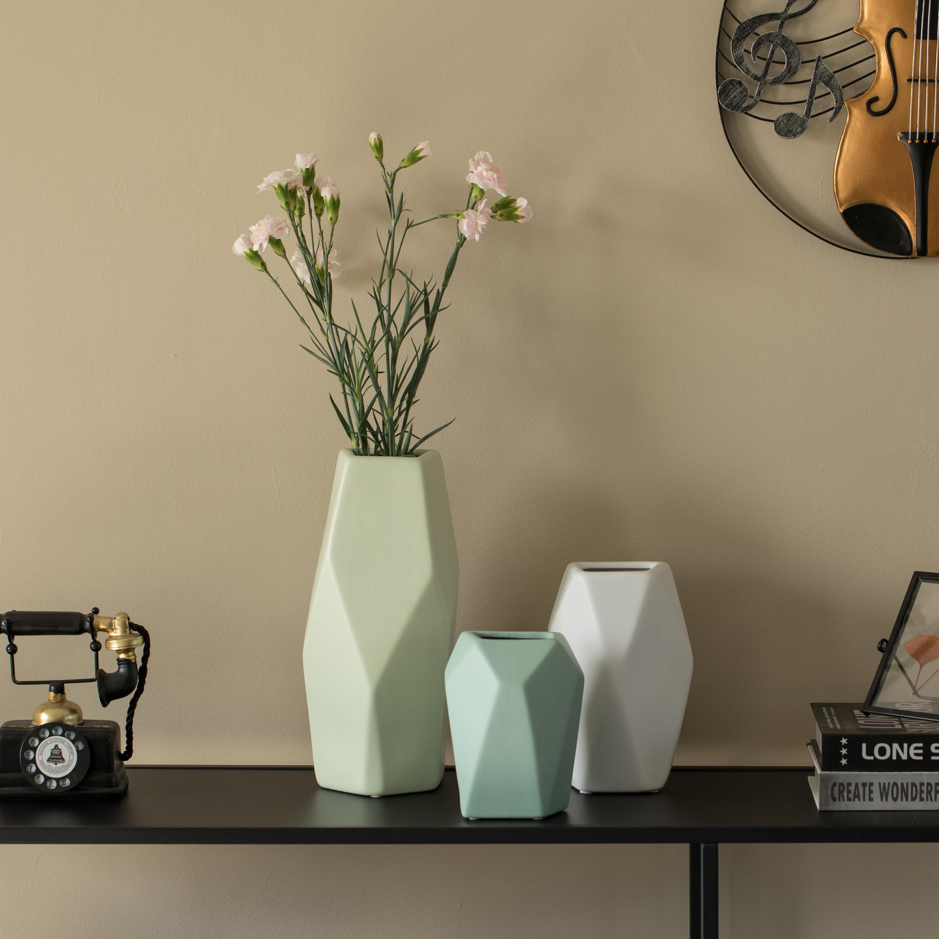 Uniquewise Decorative Ceramic Multi Paned Vase, Modern Style Centerpiece Table Vase Set of 3, Beige Large, White Medium, And Green Small