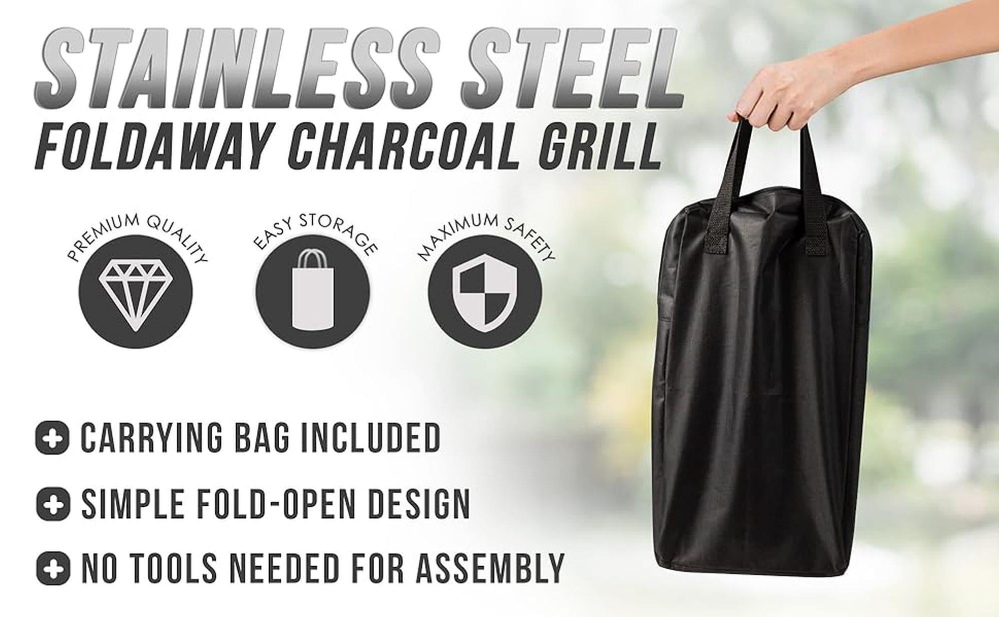 Fire Sense Foldaway Charcoal Grill, Stainless Steel ,Charcoal Grate & Carry Bag Included