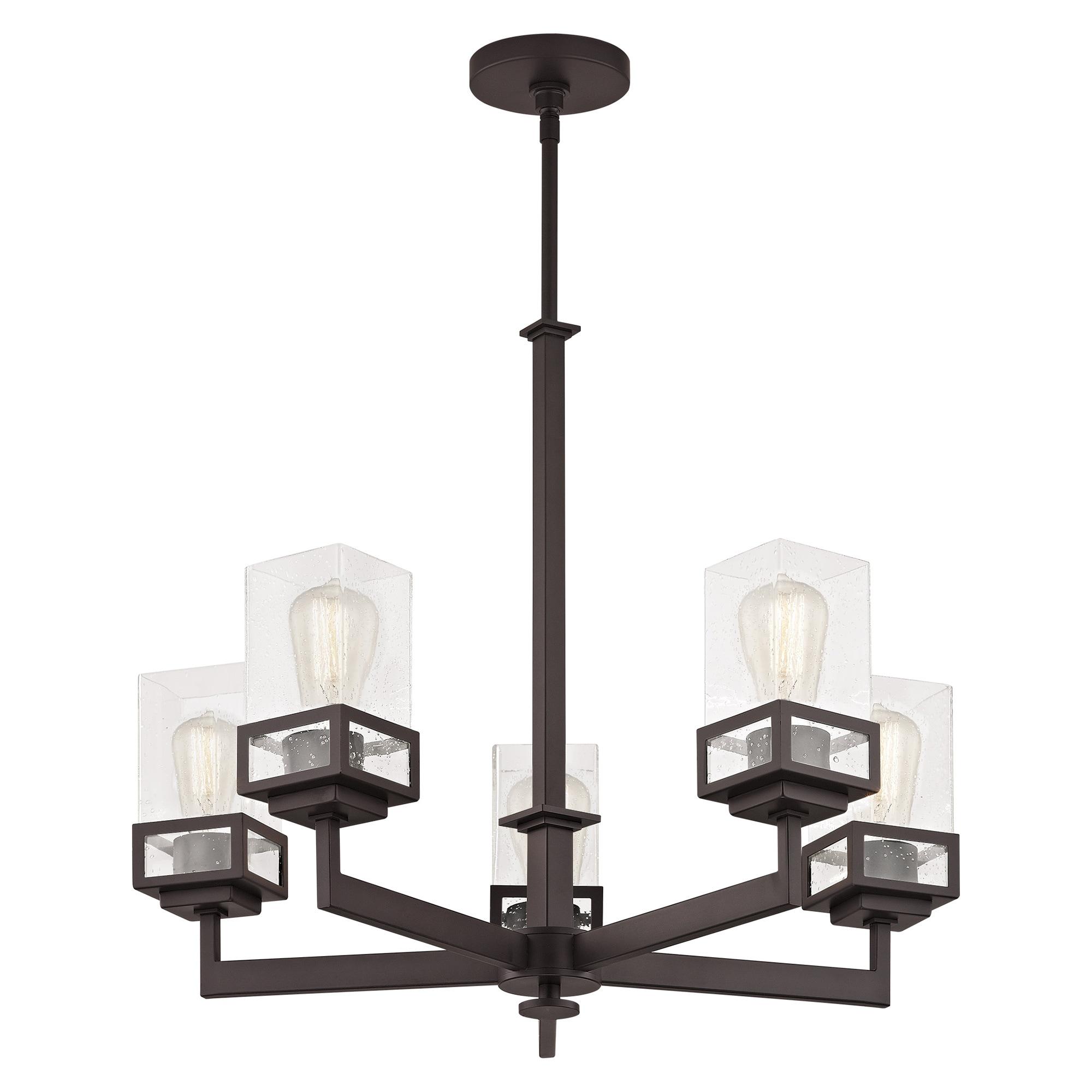 5 Light Bronze Chandelier with Hand Blown Clear Seeded Glass Shade