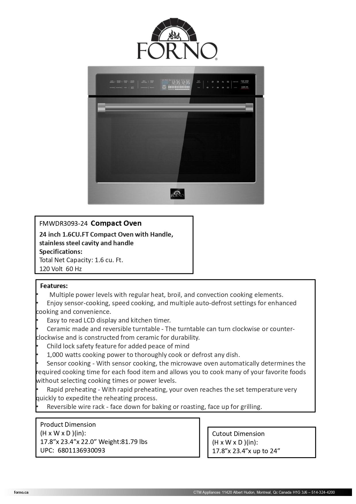 Oliena 24-inch 1750 W Compact Oven & 1000 W Microwave, 1.6 cu.ft.