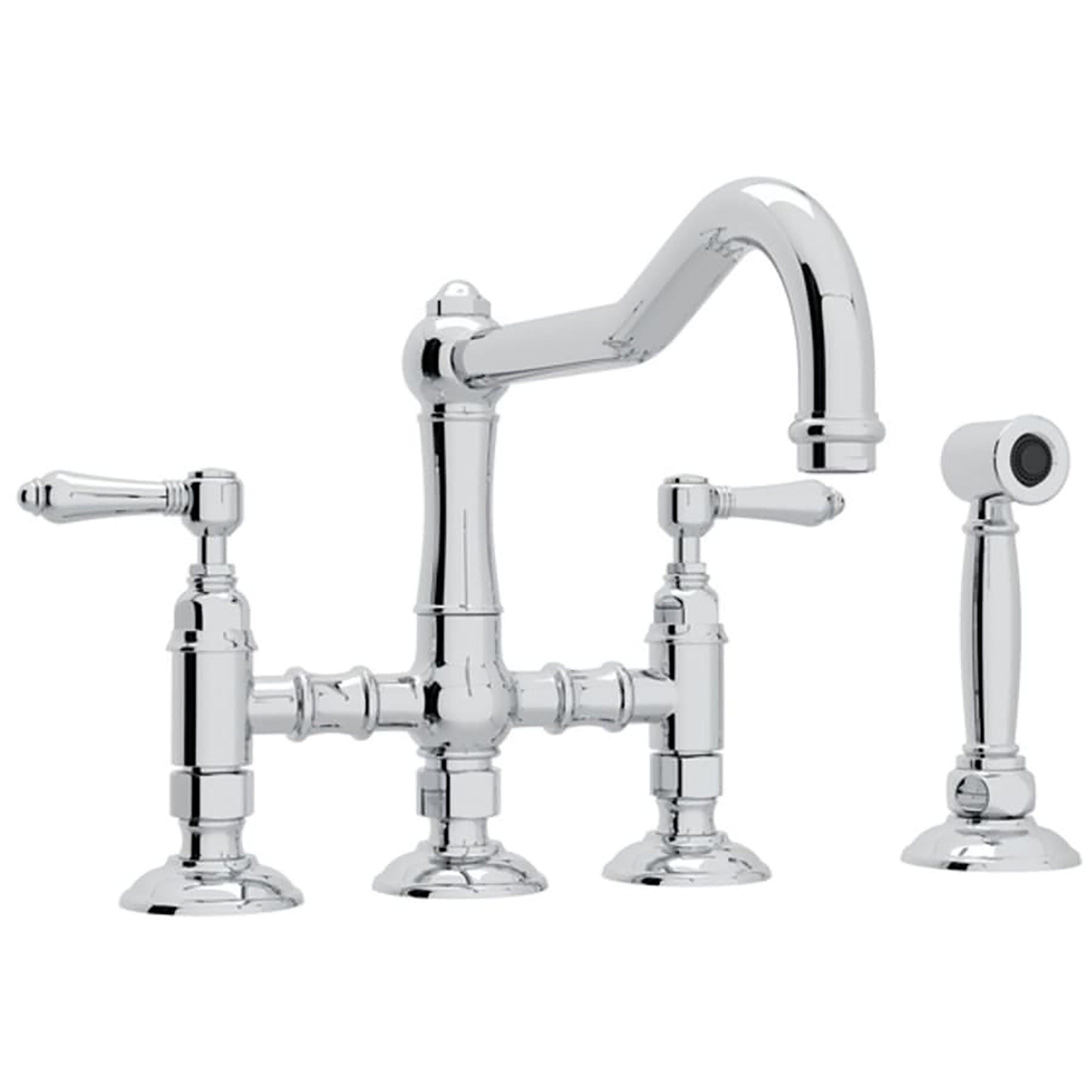 ROHL Italian Kitchen Acqui Three Leg Bridge Faucet with Metal Levers Sidespray And 9" Reach Column Spout In Polished Chrome