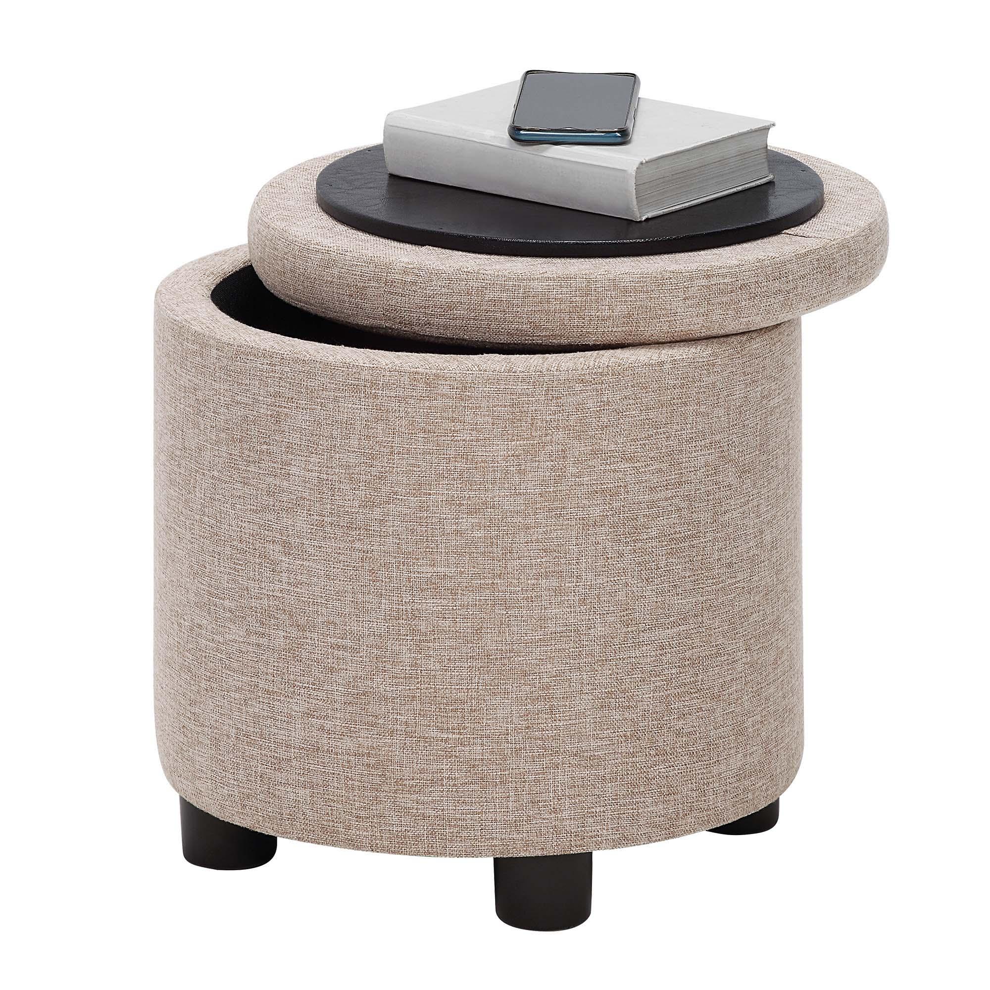 Designs4Comfort Round Accent Storage Ottoman with Reversible Tray Lid, Tan Fabric