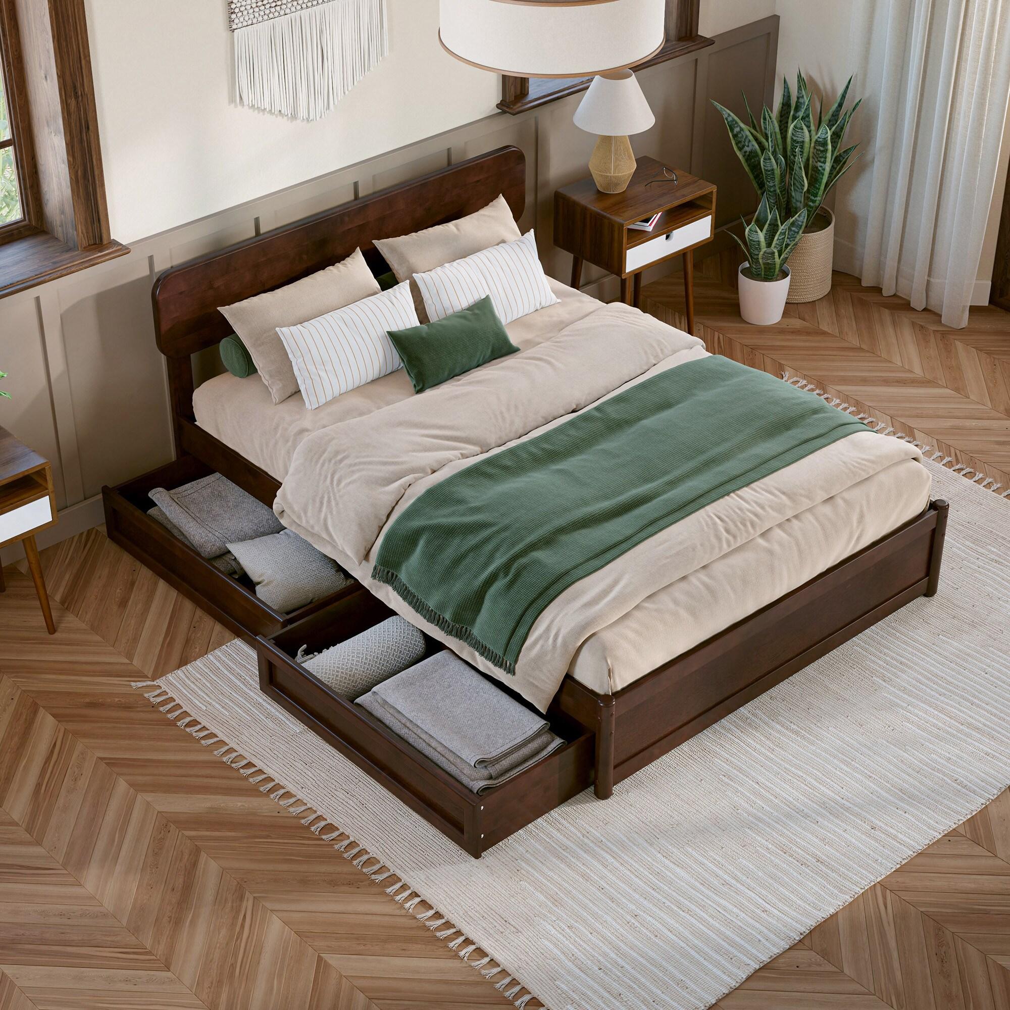 AFI Capri Full Solid Wood Platform Bed with Panel Footboard and Storage Drawers, Walnut
