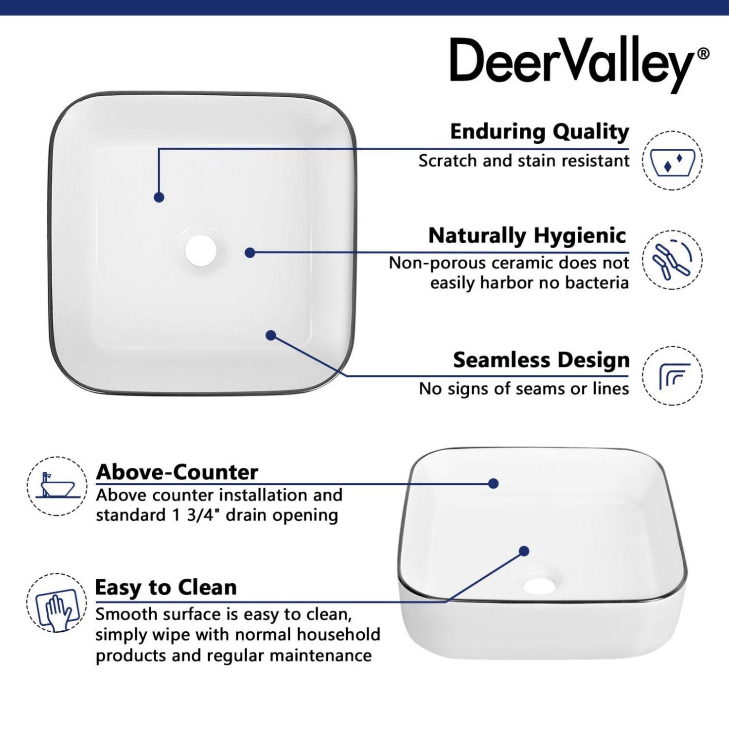 DeerValley Ace 15'' White/Black Square Ceramic Vessel Bathroom Sink