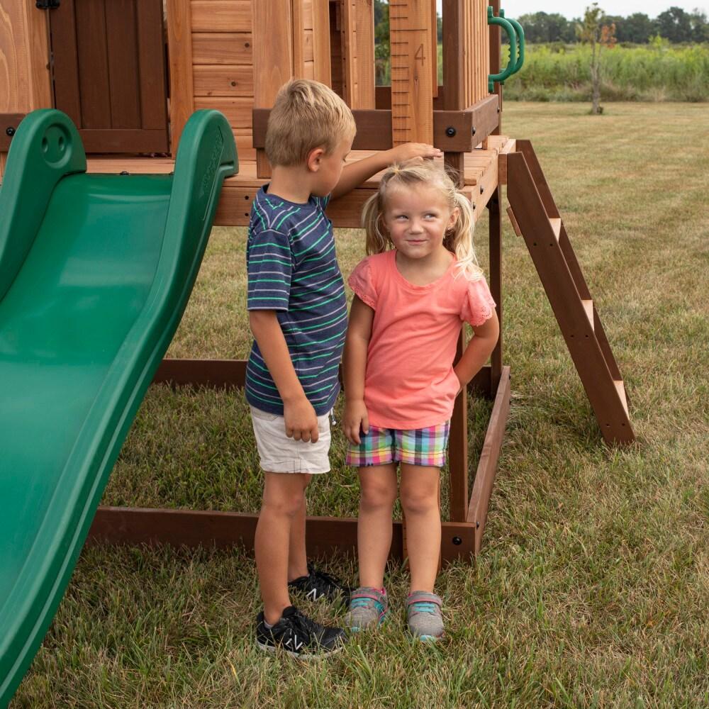 Backyard Discovery Echo Heights Cedar Wooden Elevated Playhouse, Slide, Play Kitchen