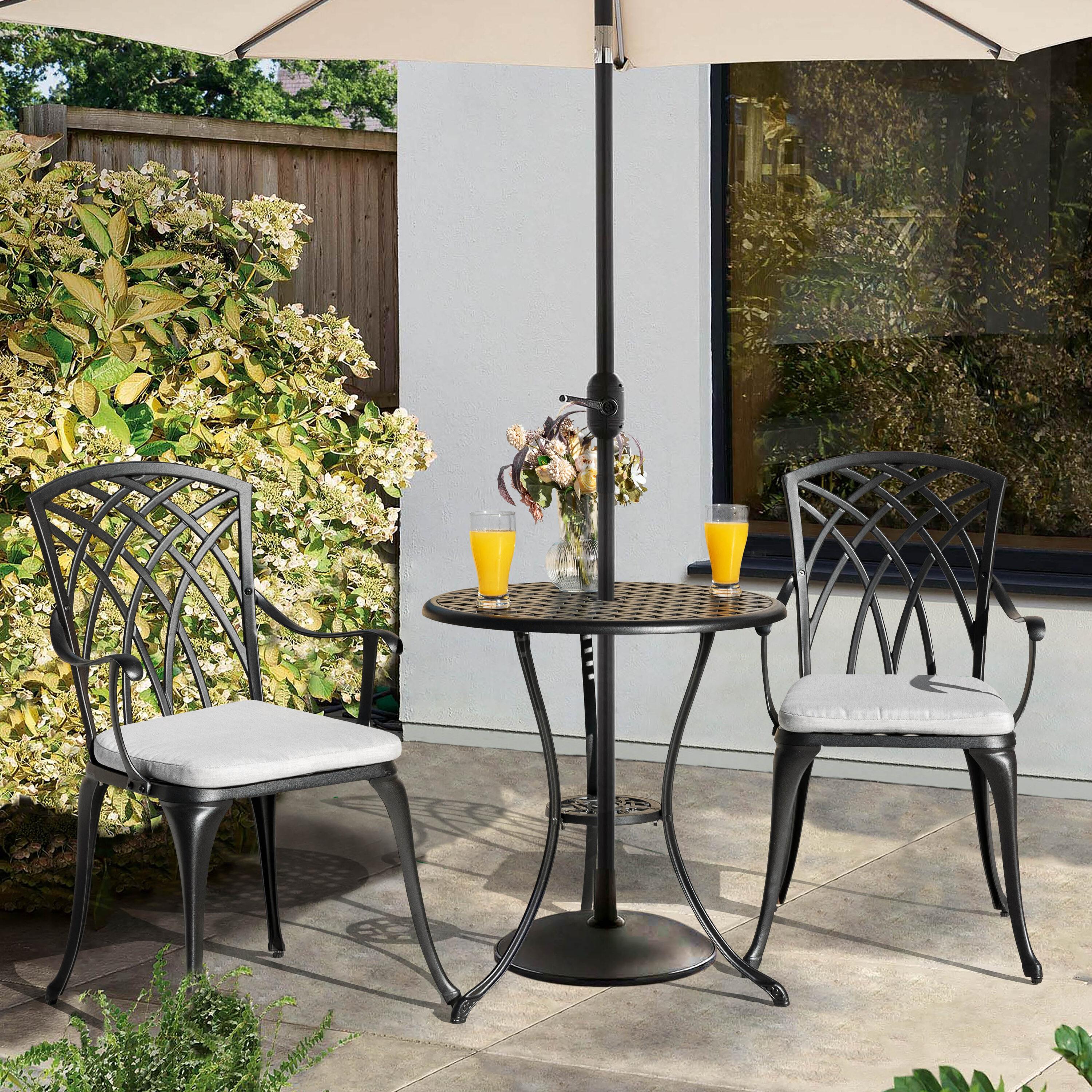 Black Cast Aluminum 3-Piece Bistro Set with Grey Cushions