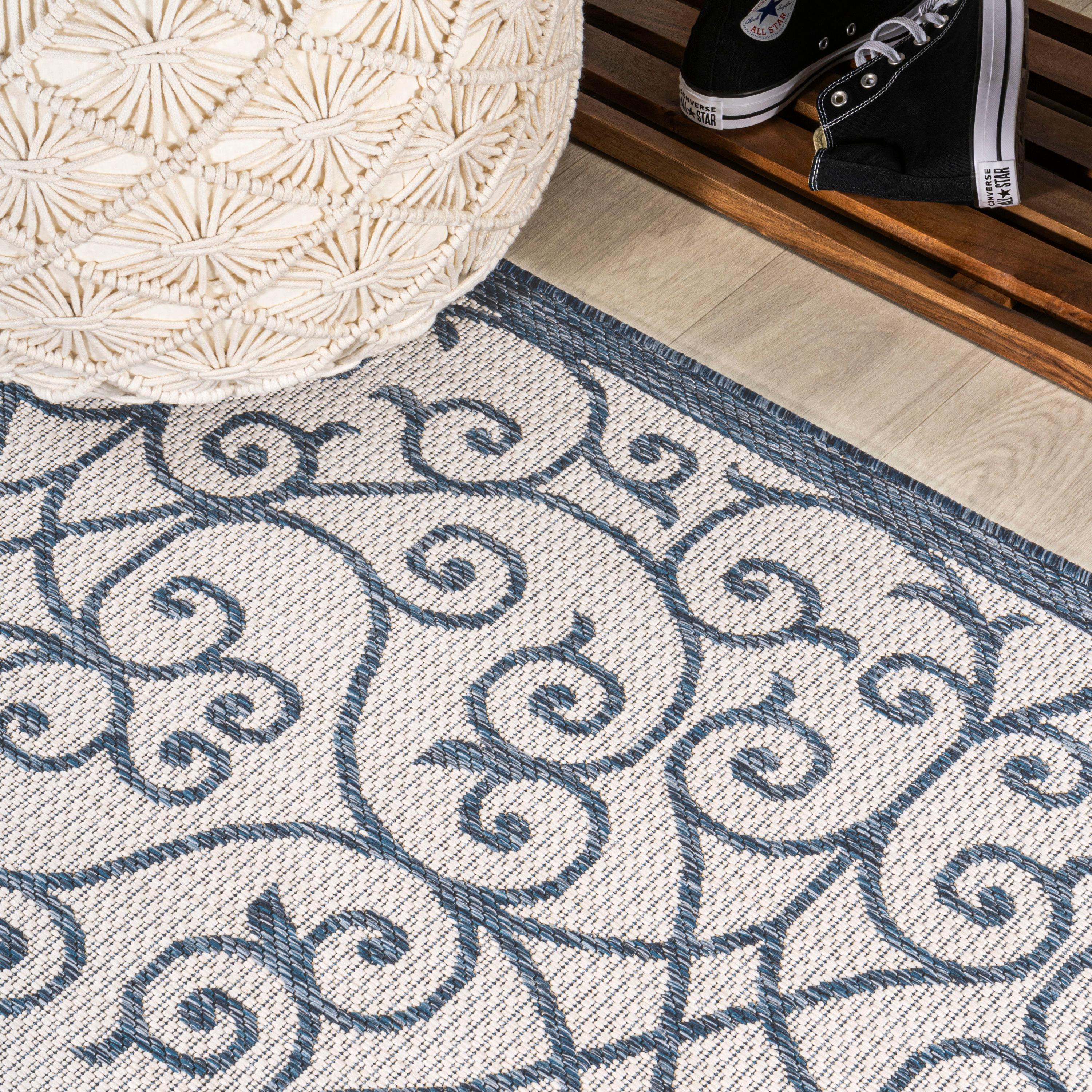 4' x 6' Madrid Vintage Filigree Textured Weave Indoor/Outdoor Area Rug, Blue/Cream - JONATHAN Y