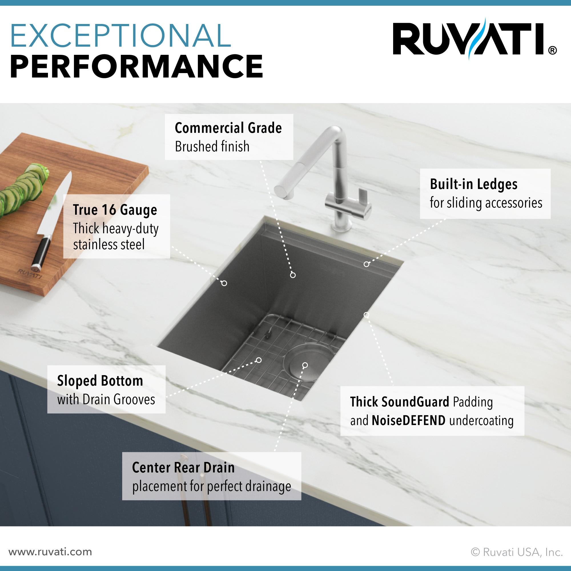 Ruvati 15" Workstation Bar Prep Sink Ledge Undermount 16 Gauge Stainless Steel Single Bowl