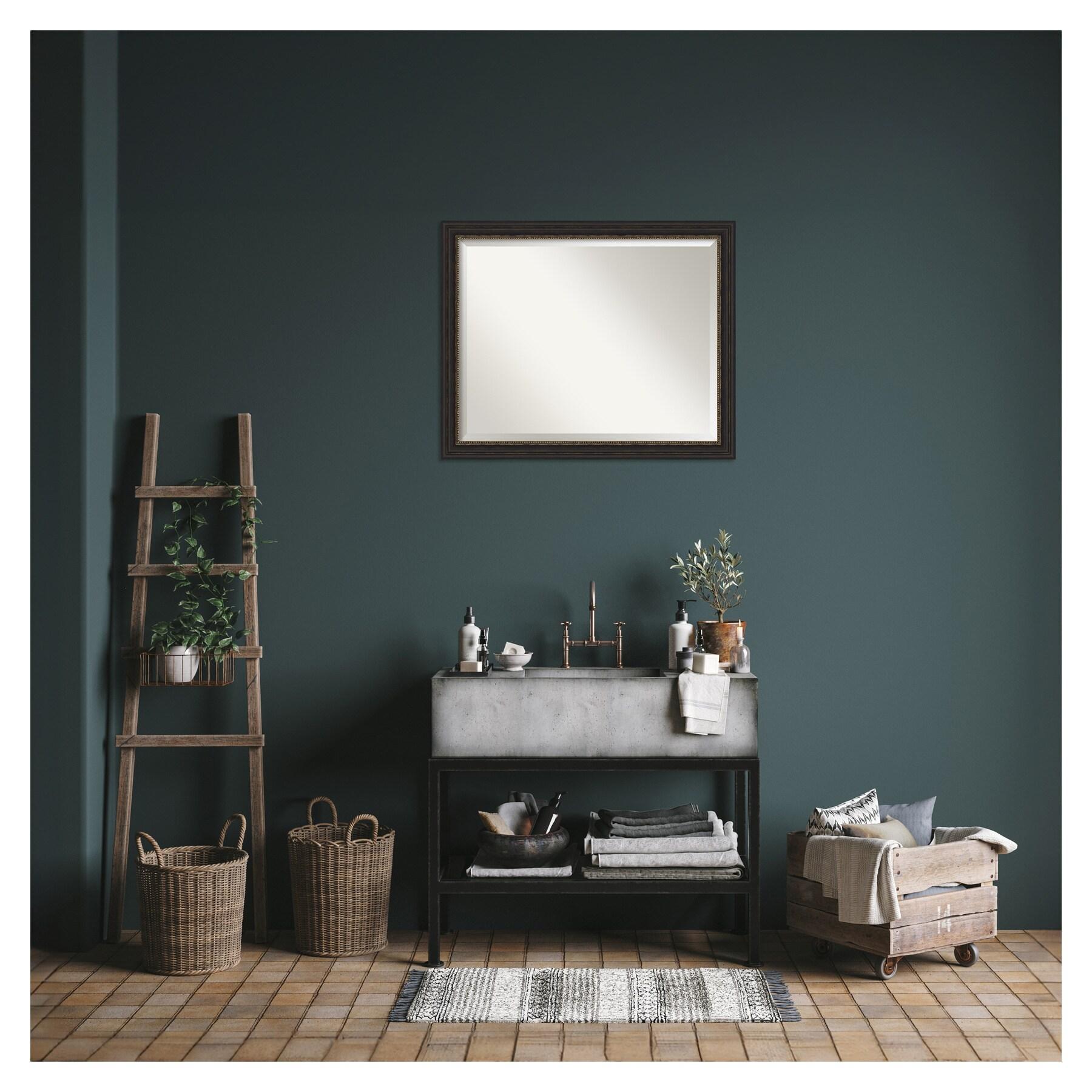 Amanti Art Beveled Bathroom Wall Mirror - Accent Bronze Narrow Frame Outer Size: 32 x 26 in