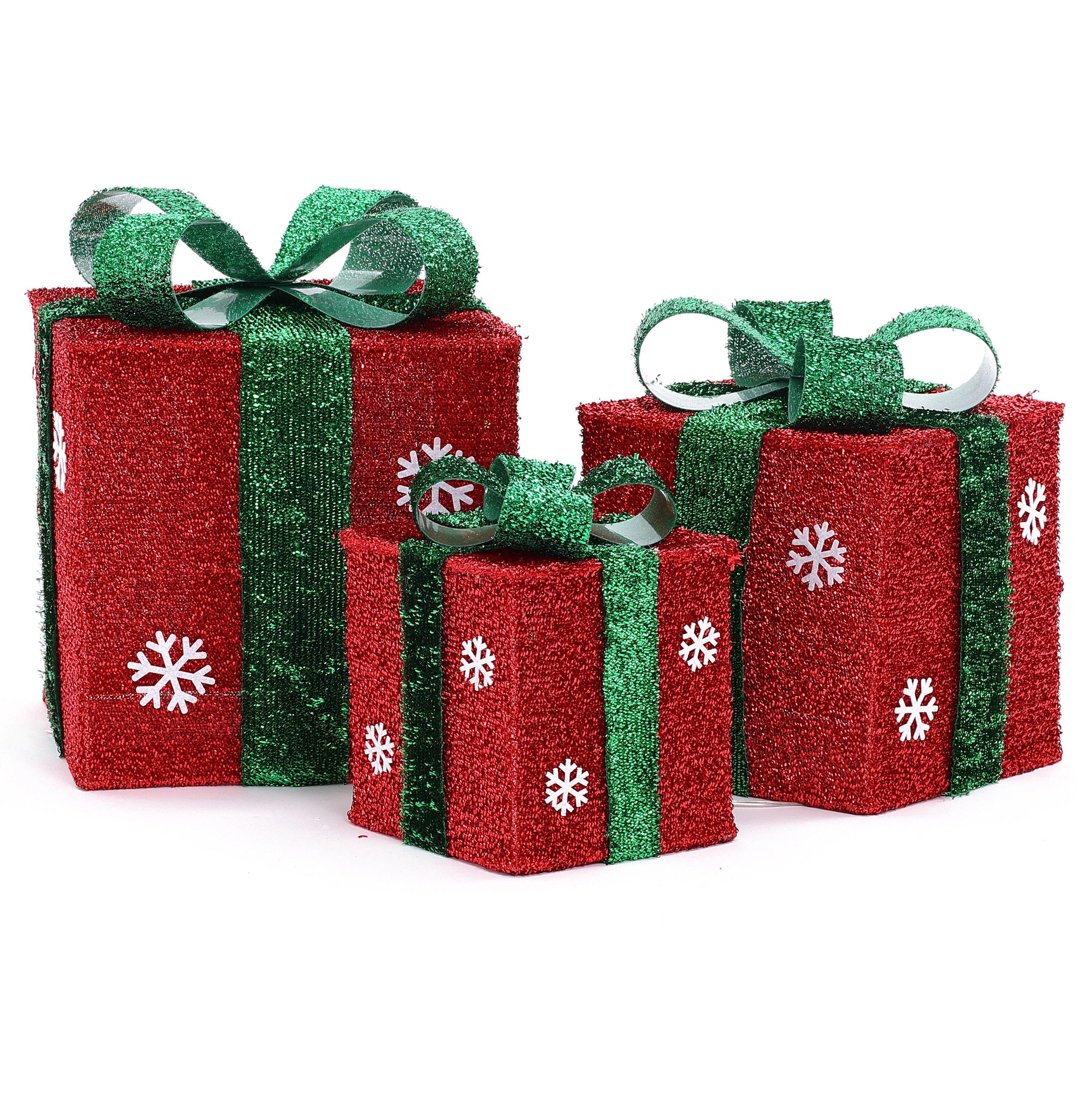 LuxenHome Set of 3 Red and Green Presents with Bows Lighted LED Indoor Outdoor Holiday Decoration