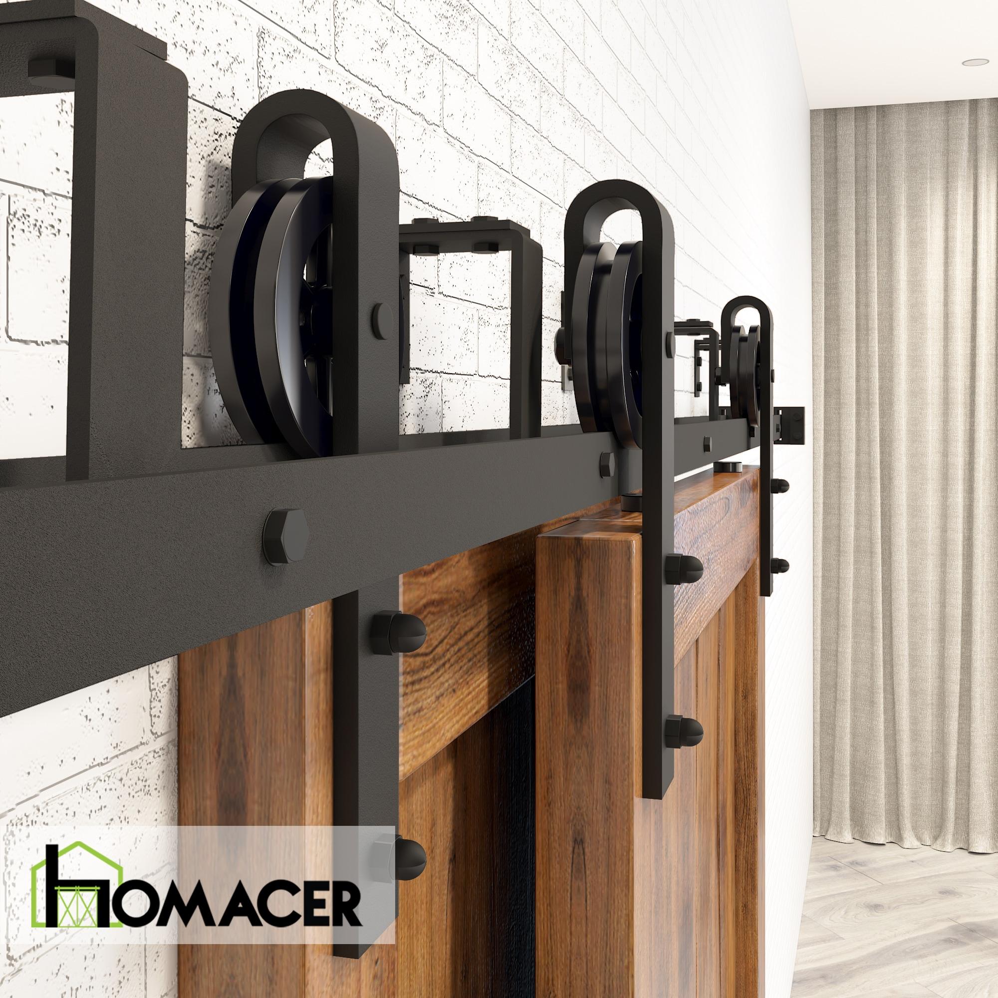 Homacer Black Rustic Double Track U-Shape Bypass Sliding Barn Door Hardware Kit, for Two/Double Doors, 12ft Long Flat Track, Spoke Wheel Design Roller, Heavy Duty, for Interior & Exterior Use