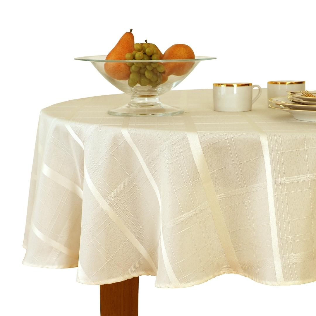 Elegance Plaid Stain & Water Resistant Tablecloth - 90" Round - Beige - Elrene Home Fashions