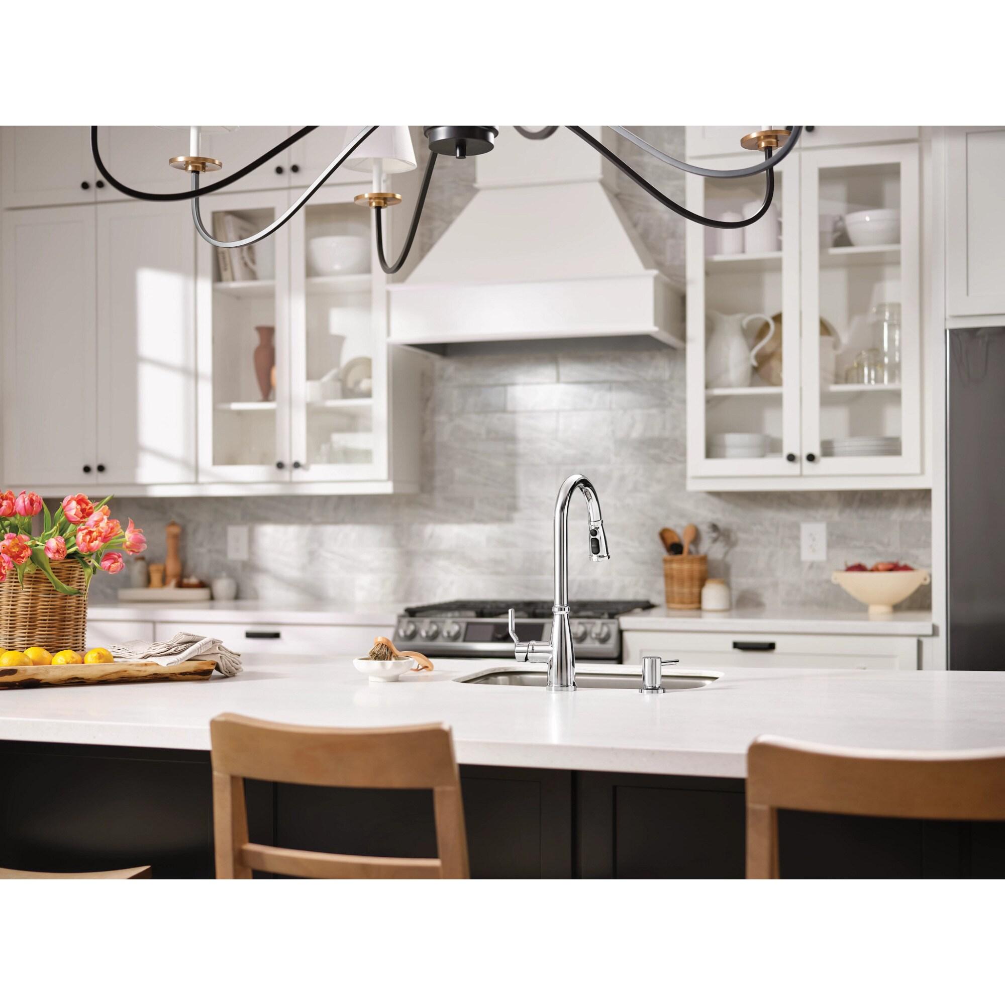 Moen Nolia Chrome One-Handle High Arc Kitchen Faucet with Pull Down Sprayer and Soap Dispenser, Kitchen Sink Faucet Featuring Power Boost Technology, 87071