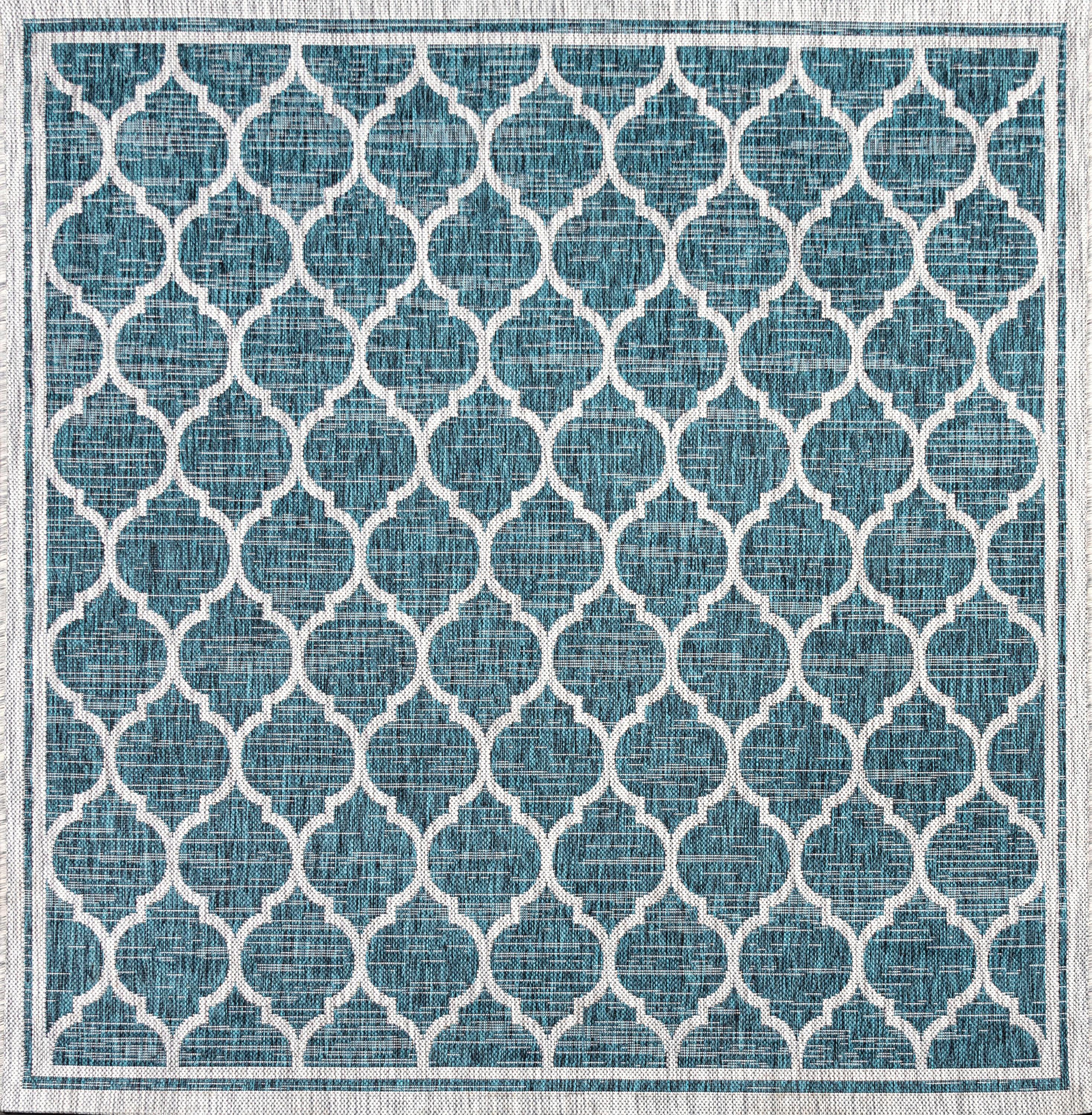 5' Square Trebol Moroccan Trellis Textured Weave Indoor/Outdoor Area Rug, Teal/Gray - JONATHAN Y