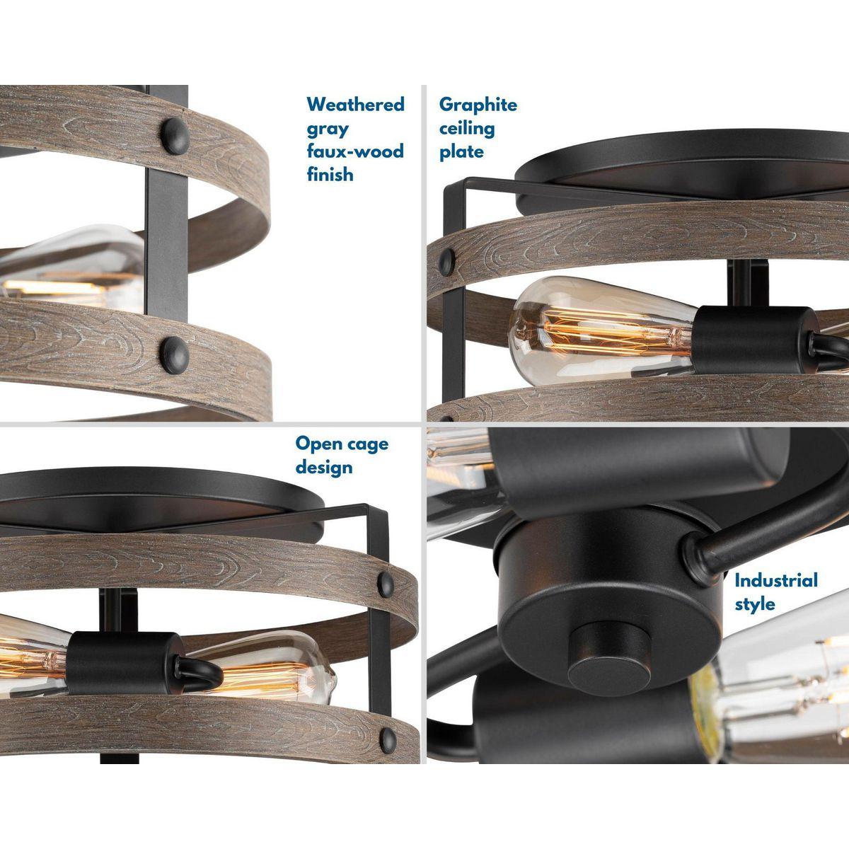 Progress Lighting Gulliver 2-Light Flush Mount Ceiling Light, Graphite, Open-Cage Design, Faux-Wood Finish