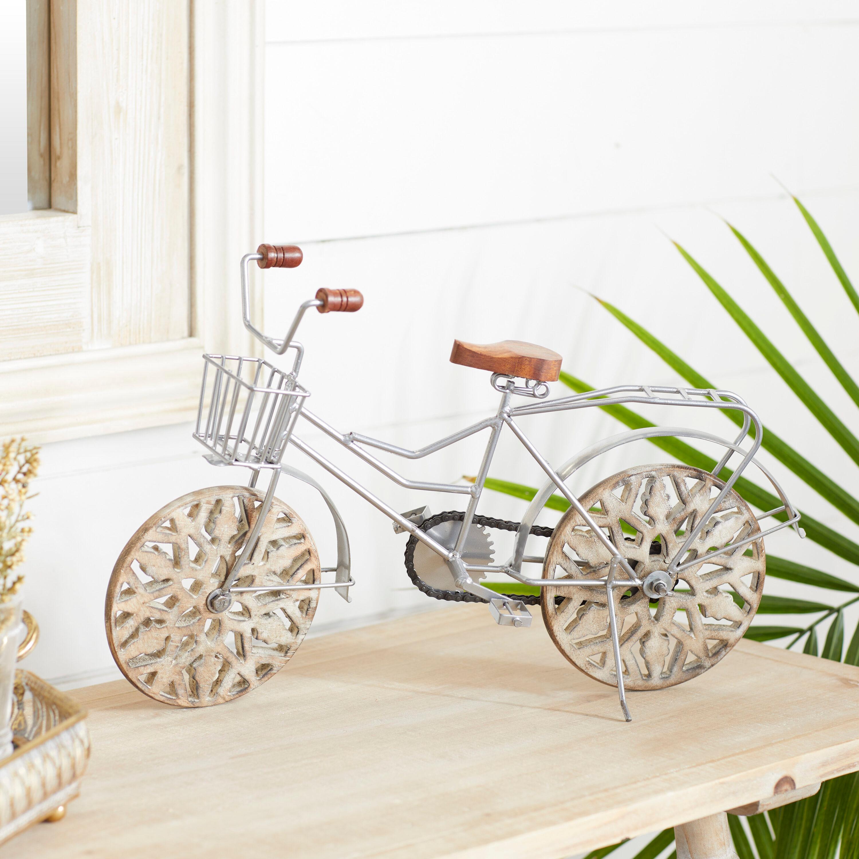 19" x 12" Brown Metal Bike Sculpture with Carved Wood Wheels, by DecMode