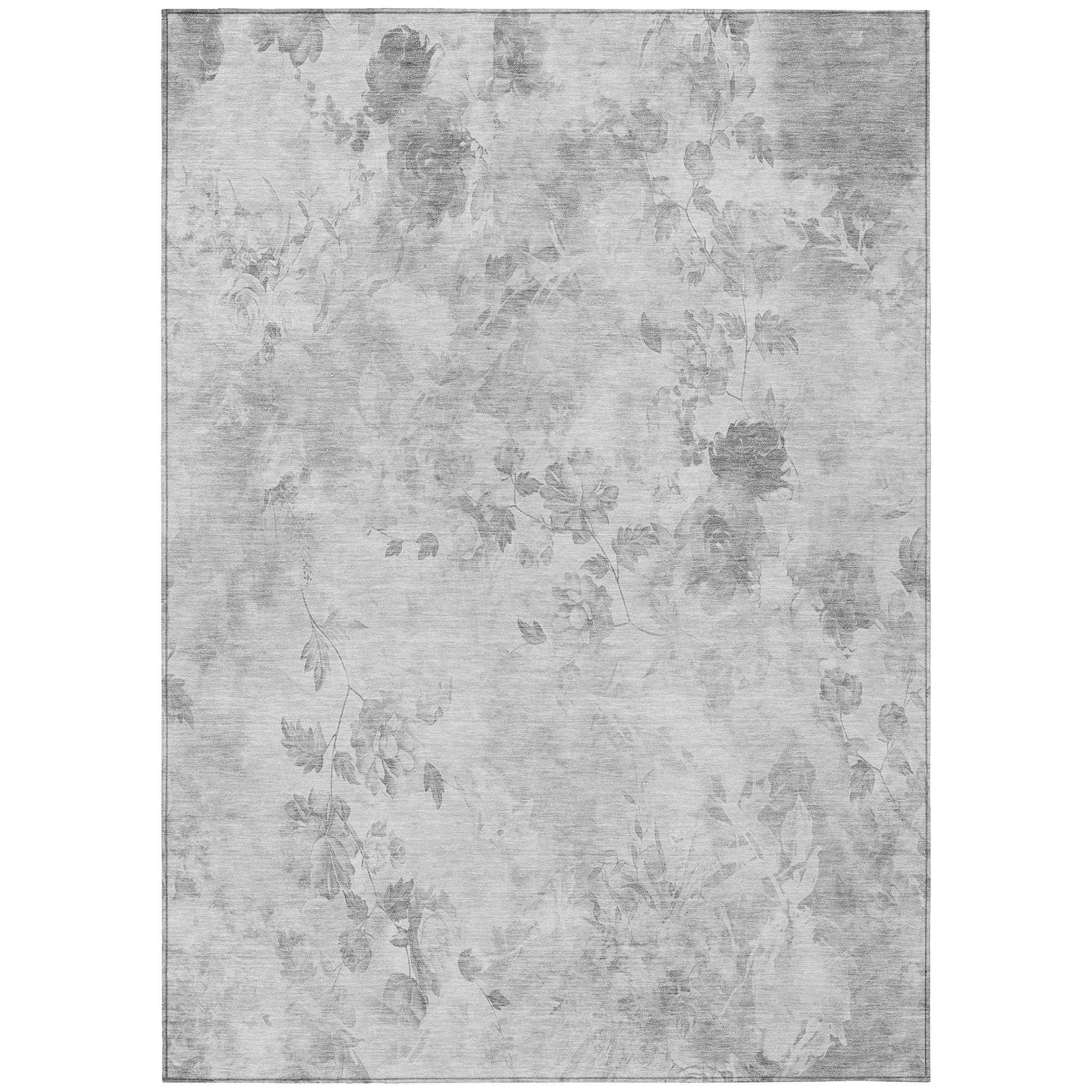 Gray Floral Synthetic Rectangular Washable Area Rug 3' x 5'