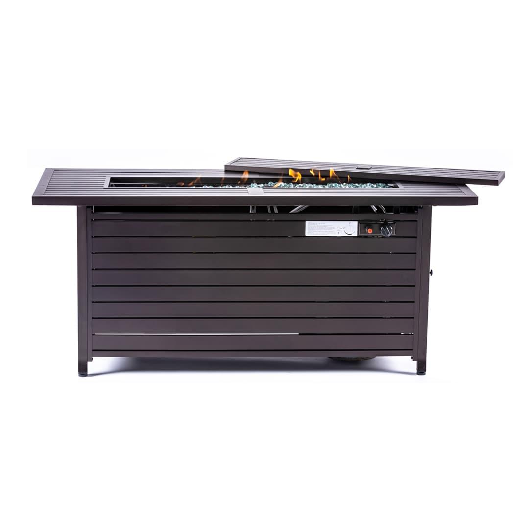 56 in. x 21 in. Rectangular Fire Table with Glass Wind Guard, Cover and Table Lid in Bronze