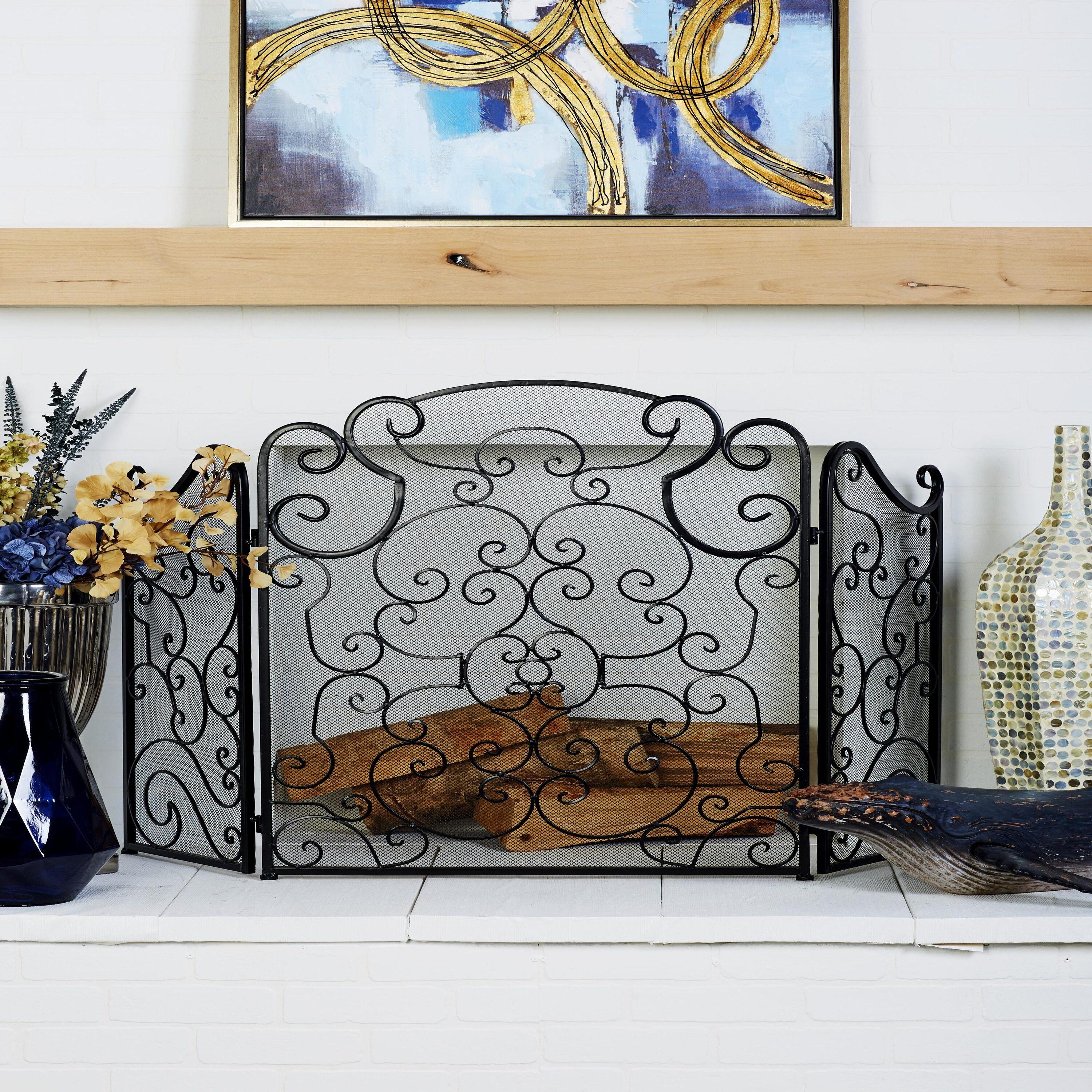 DecMode Black Traditional Metal 3 Panel Foldable Fireplace Screen with Mesh Netting and Scroll Pattens, 52"W x 35"H