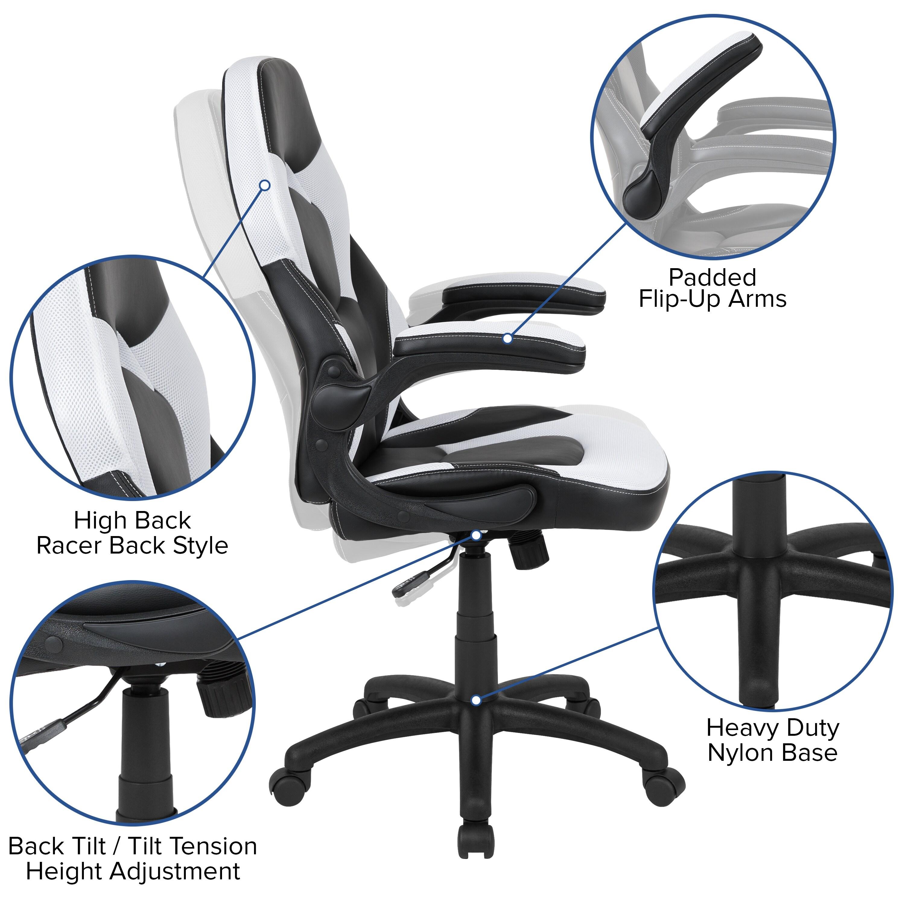 Flash Furniture X10 Gaming Chair, Racing Ergonomic Office Chair, Height Adjustable Swivel Computer Chair with Flip-Up Arms, White/Black LeatherSoft