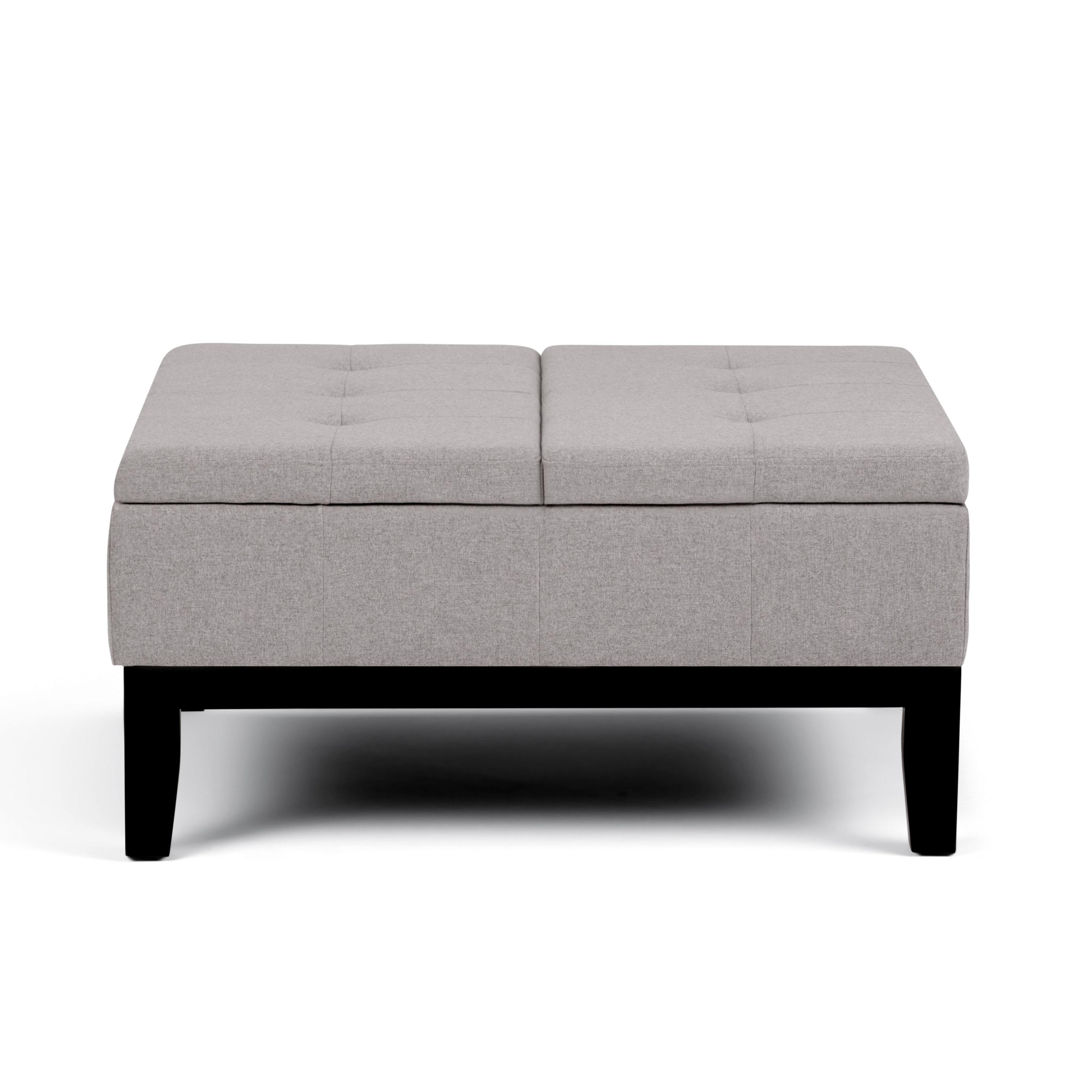 Simpli Home Dover 36"W Upholstered Square Coffee Table Storage Ottoman with Split Tufted Lift Top