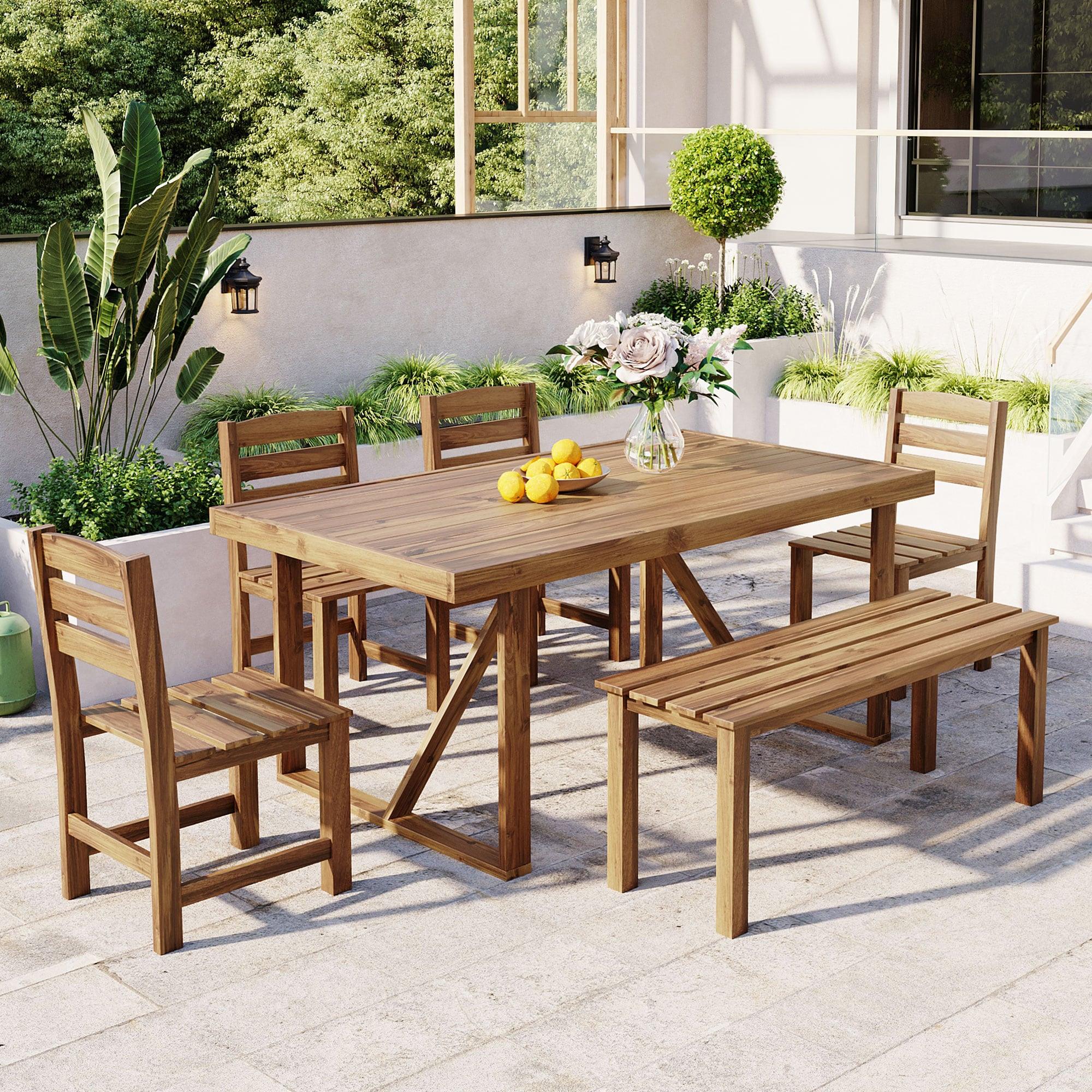 6pcs Outdoor Dining Sets, Patio Furniture Set Acacia Wood Table and Chair, Natural - ModernLuxe