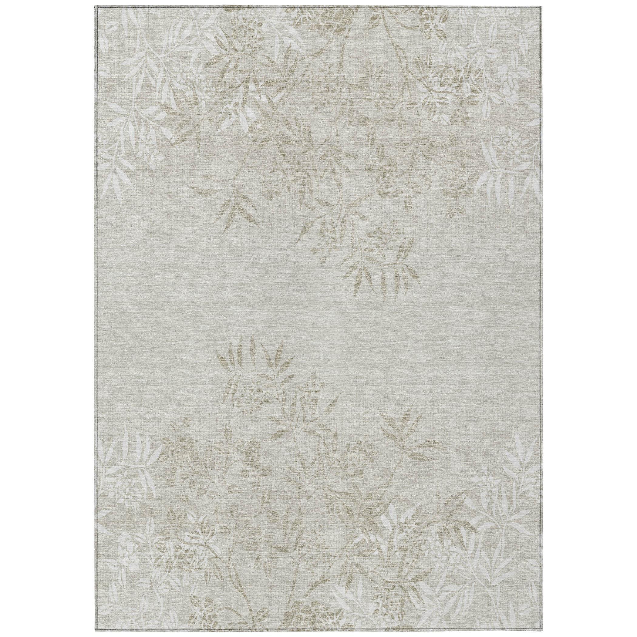 Beige Floral Machine-Washable Indoor Outdoor Area Rug 3' x 5'