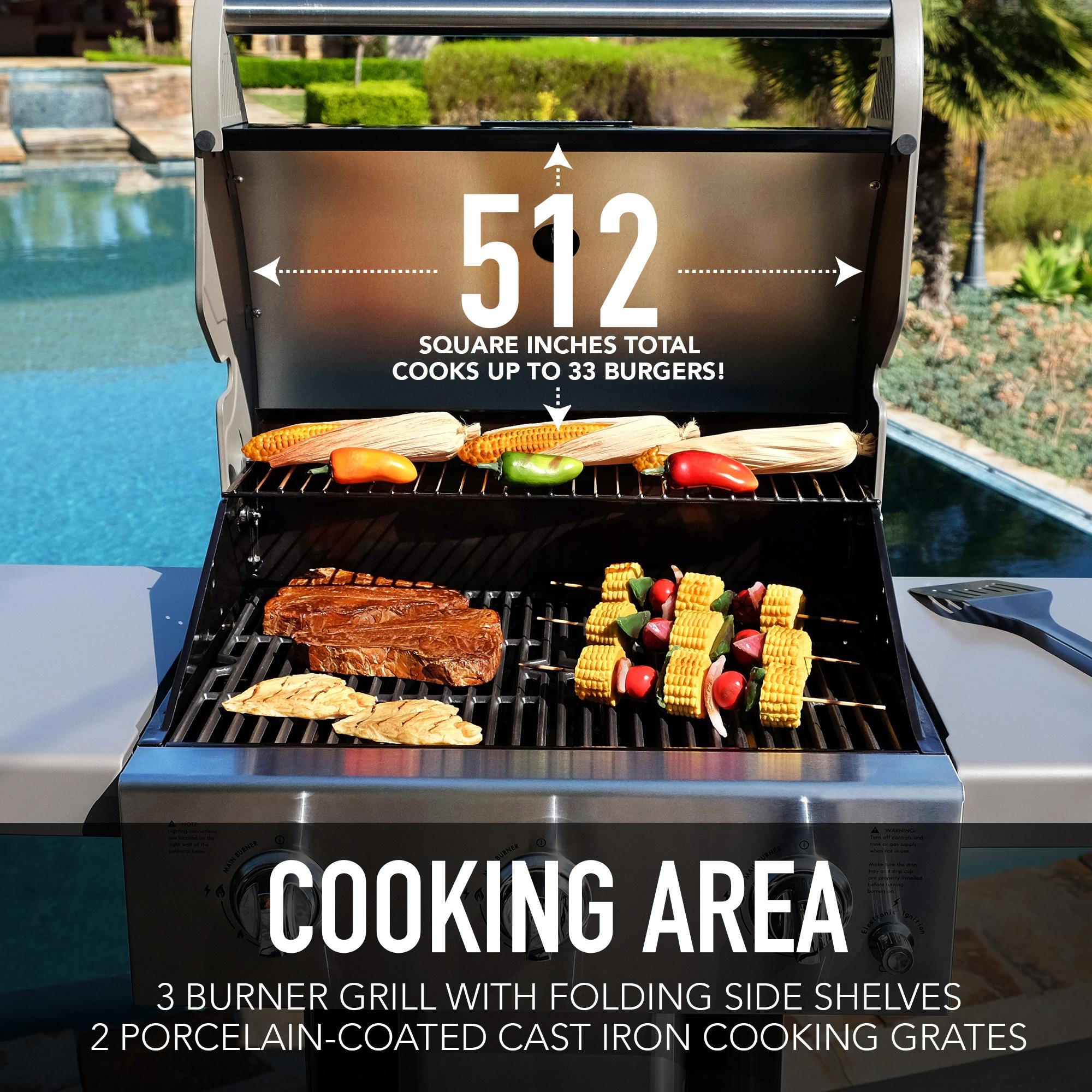 Permasteel 3-Burner Compact Propane Gas Grill with Foldable Side Tables and Grilling Tool Hooks