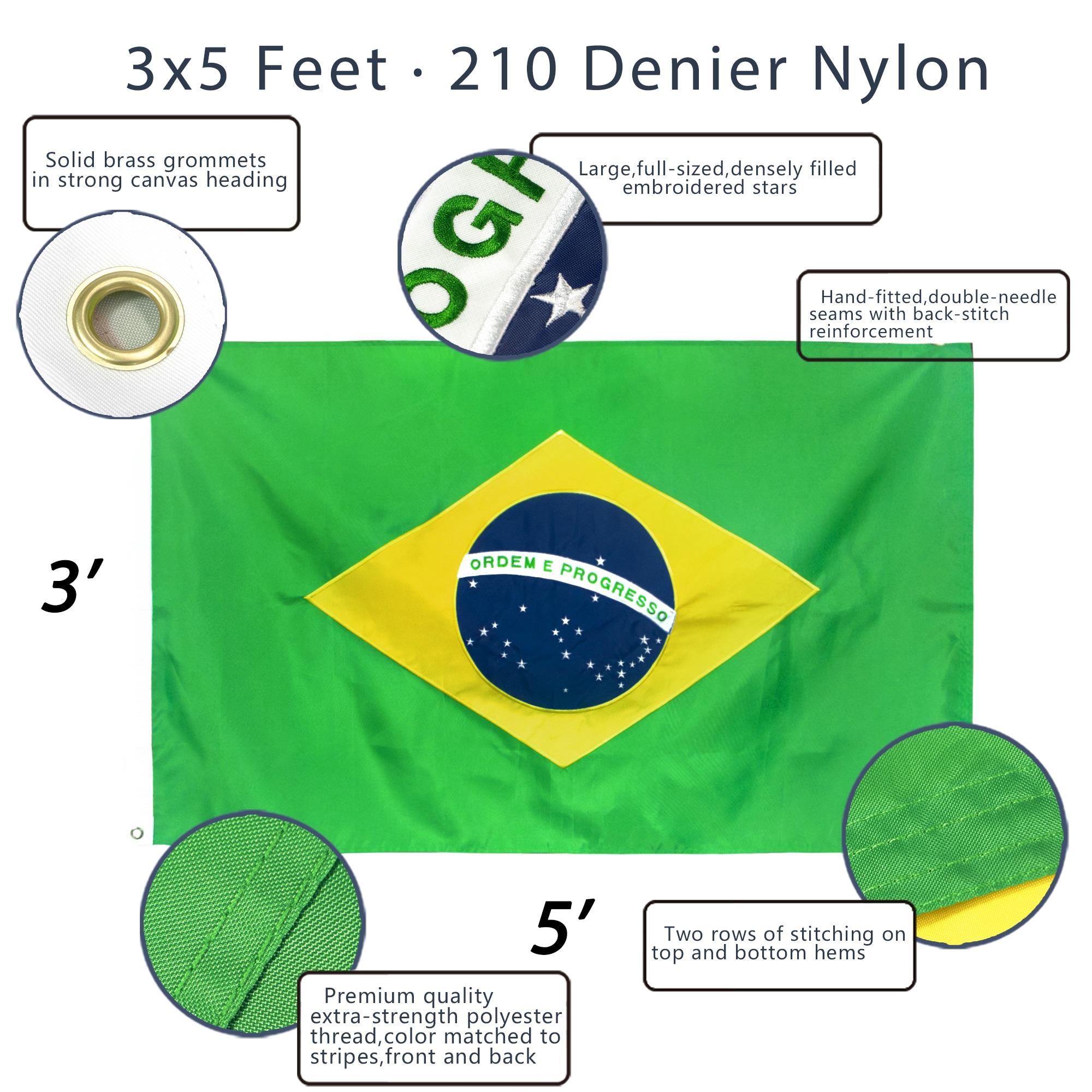 Anley EverStrong Series Embroidered Brazil Flag 3x5 Feet - Nylon Brazilian National Flags