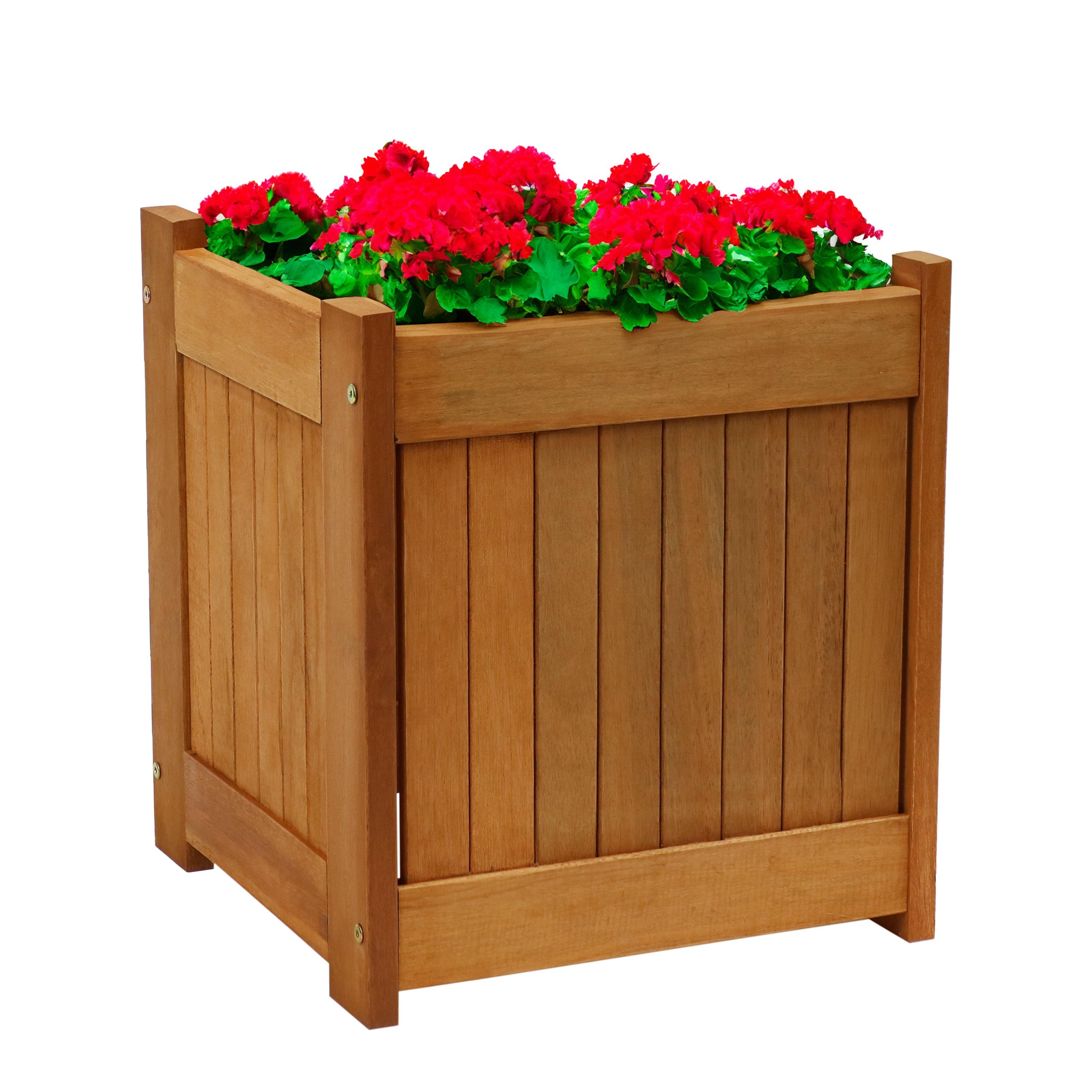 Sunnydaze Outside Meranti Wood Outdoor Planter Box with Teak Oil Finish for Garden, Porch and Patio - 16" Square