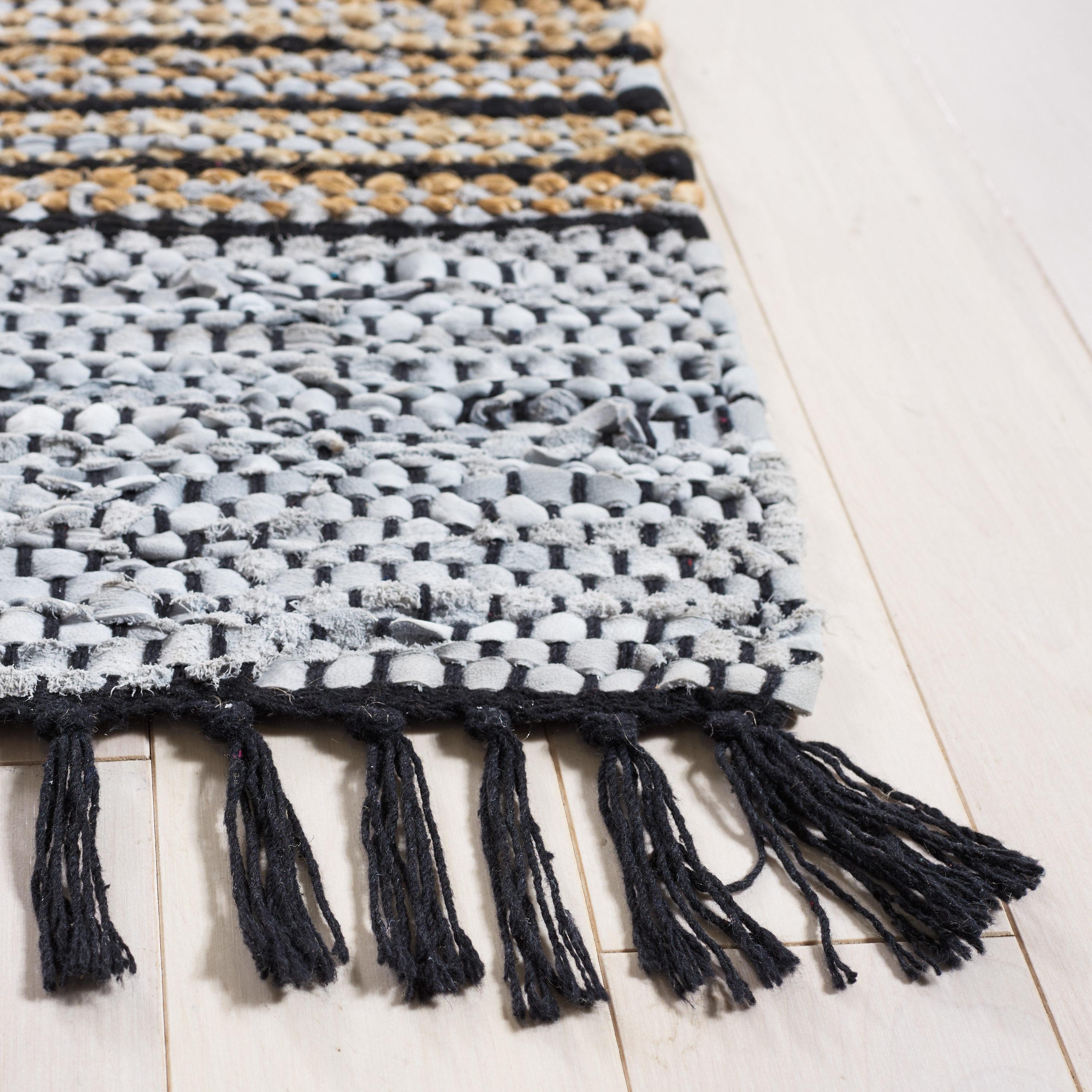 Vintage Leather Hand Woven 70% Leather, 25% Jute, And 10% Cotton Striped Rug