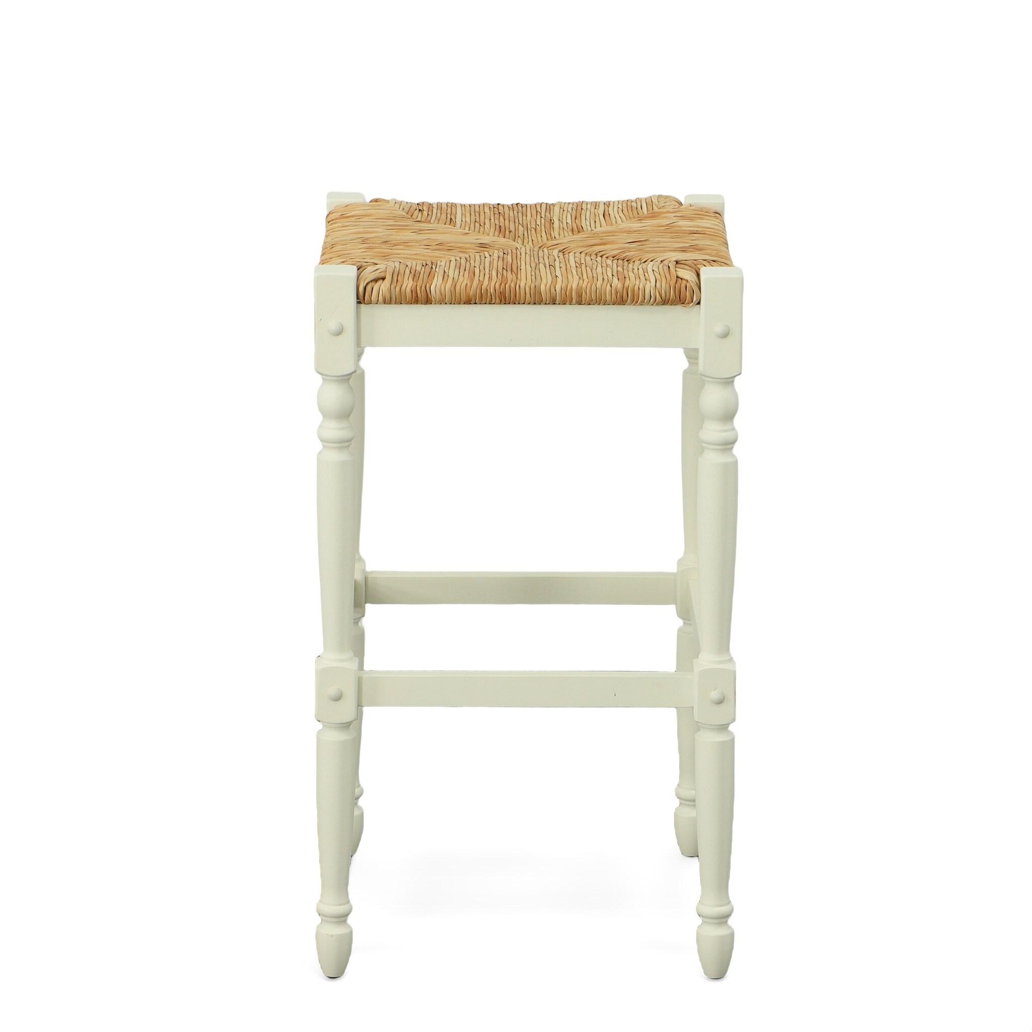 Carolina Cottage Hawthorne 24" Counter Stool with Woven Rush Seat - Vintage Hardwood Legs, Hand Finish Backless Stool (Antique White)