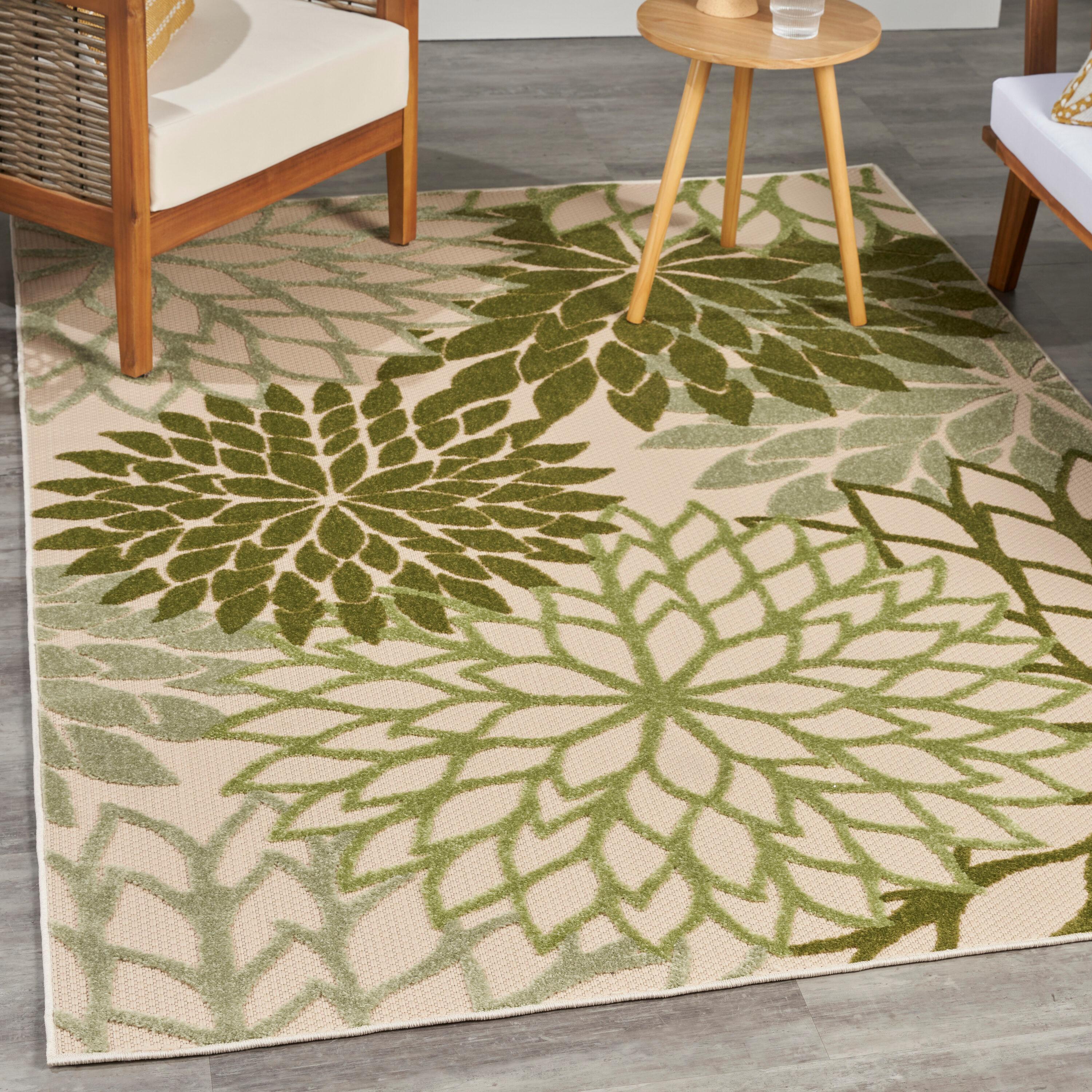 Nourison Aloha Floral Bloom Flatweave High-Low Indoor Outdoor Area Rug Ivory Green 3'6" x 5'6"