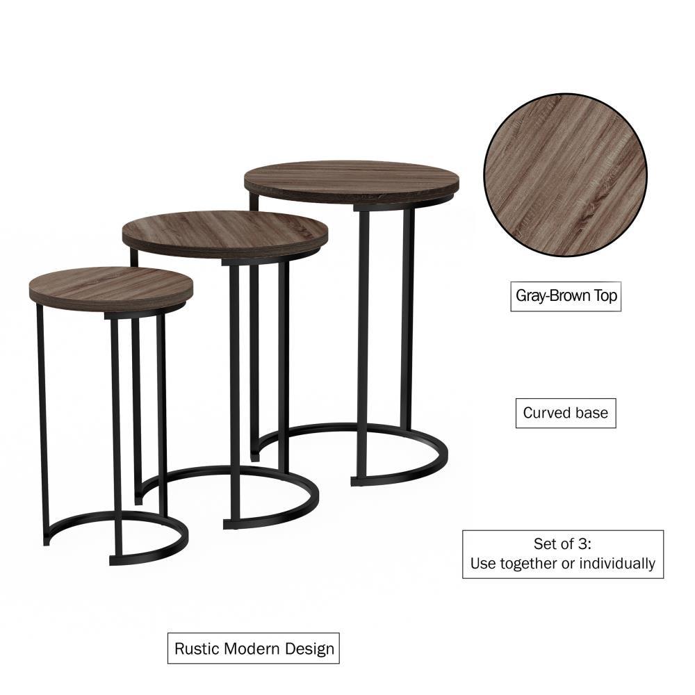Hastings Home Set of 3 Round End Tables with Woodgrain-Look and Black Metal Base, Gray/Brown