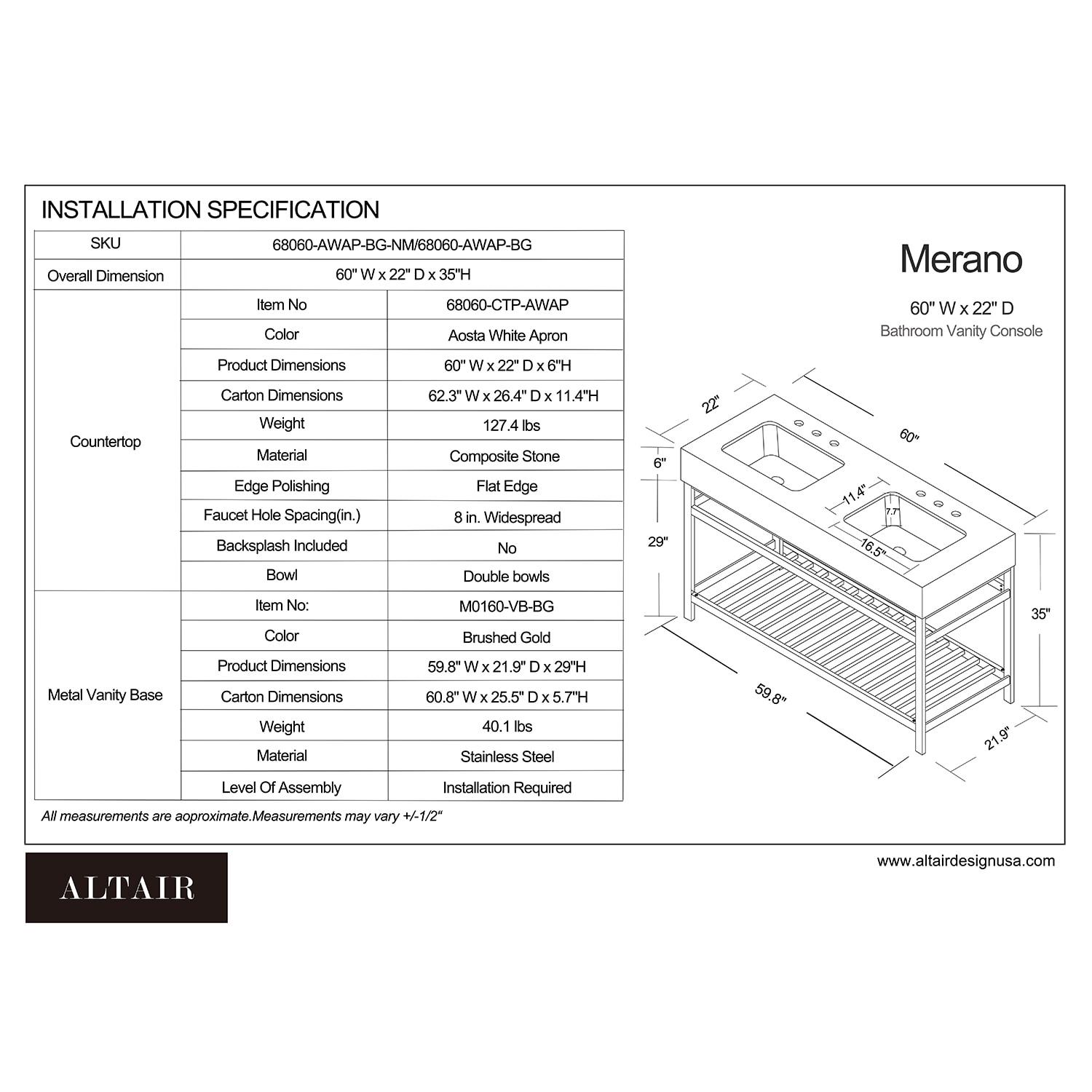 Merano 60" Double Stainless Steel Vanity Console in Brushed Gold with Aosta White Stone Countertop without Mirror