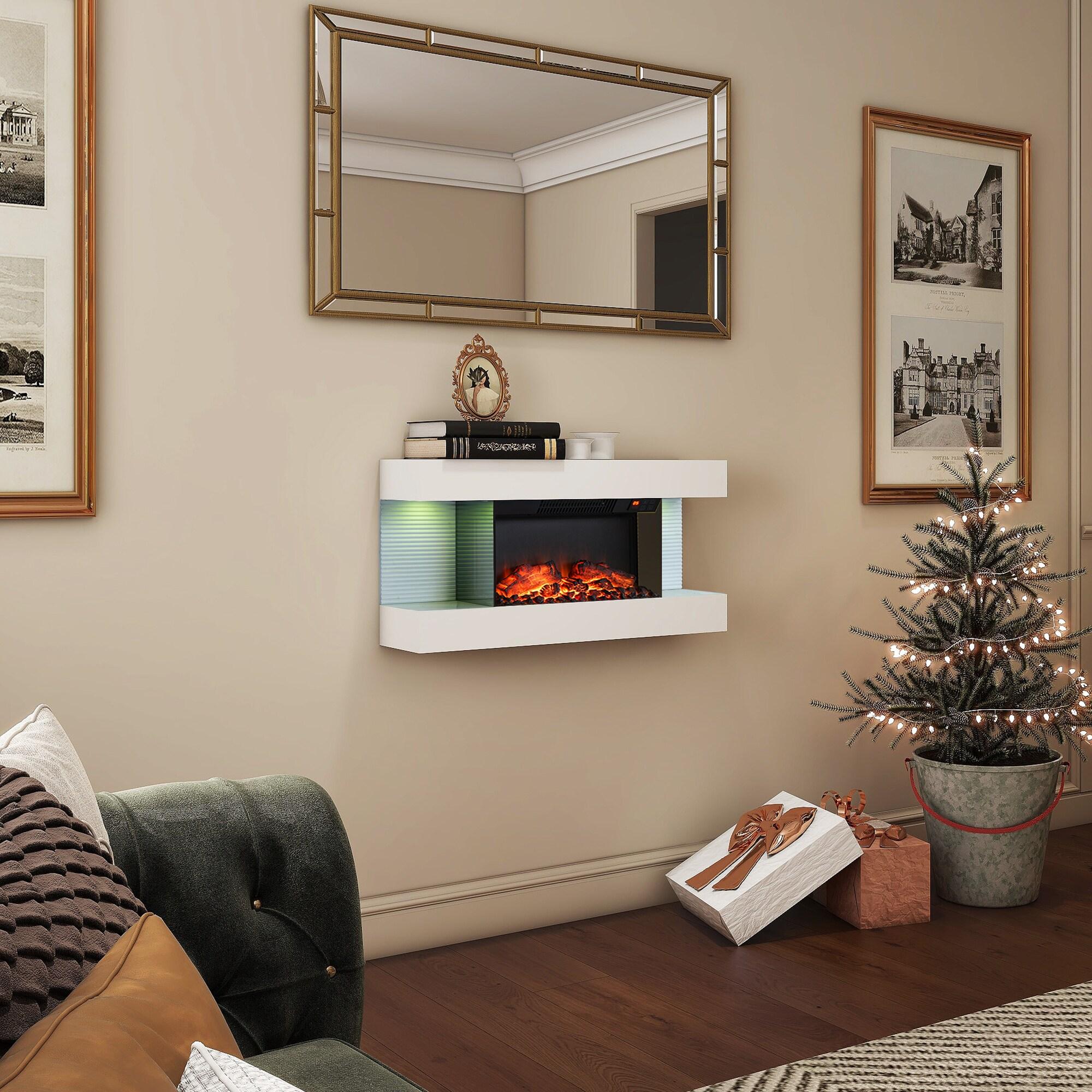 32" White Metal Wall Mounted Electric Fireplace with Remote Control